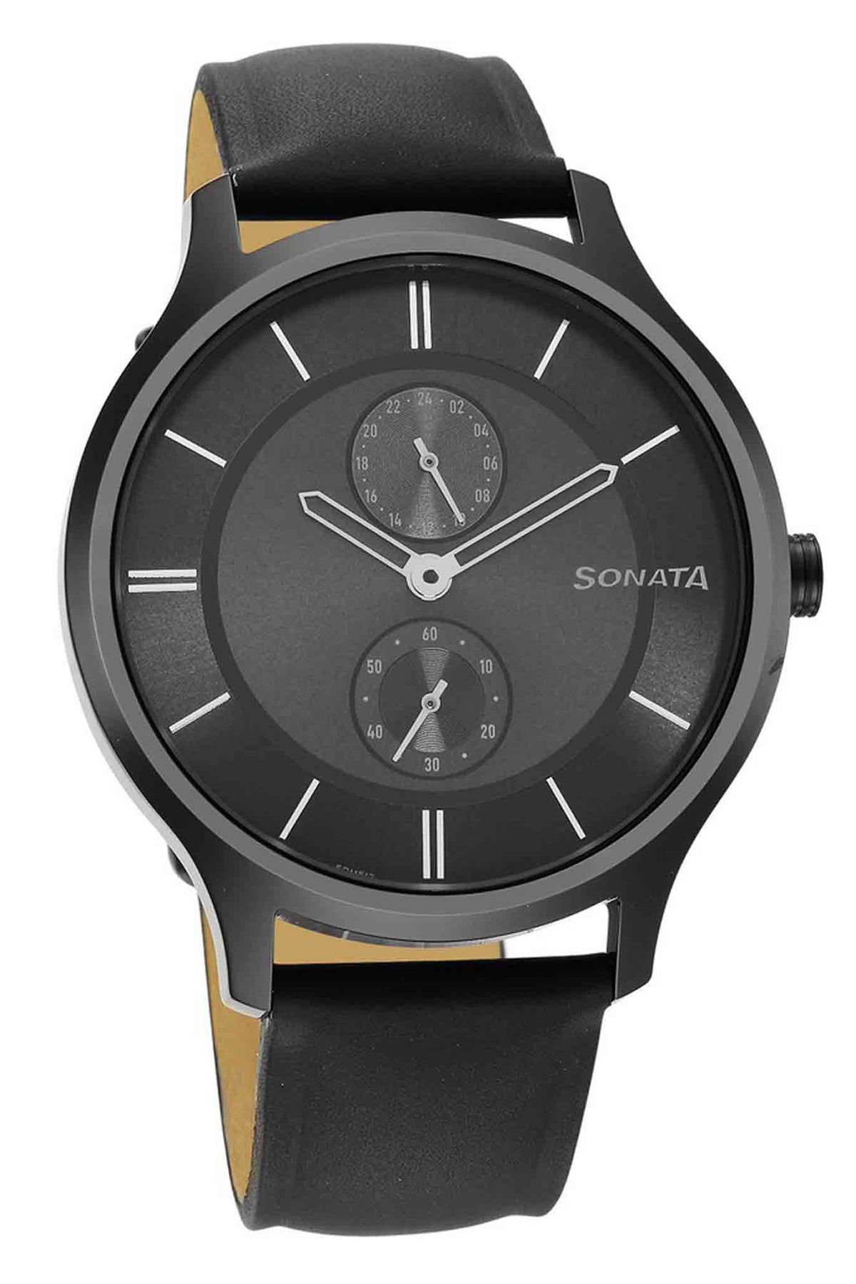 SONATA Men's Leather Strap Watch