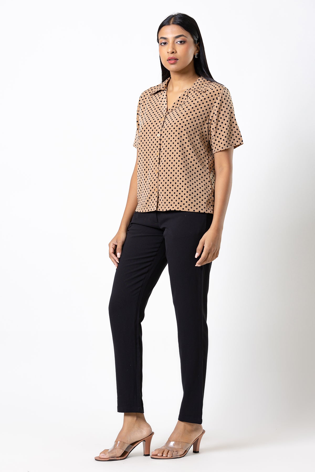 Envogue Women's Short Sleeve Dotted With Collar Office Top