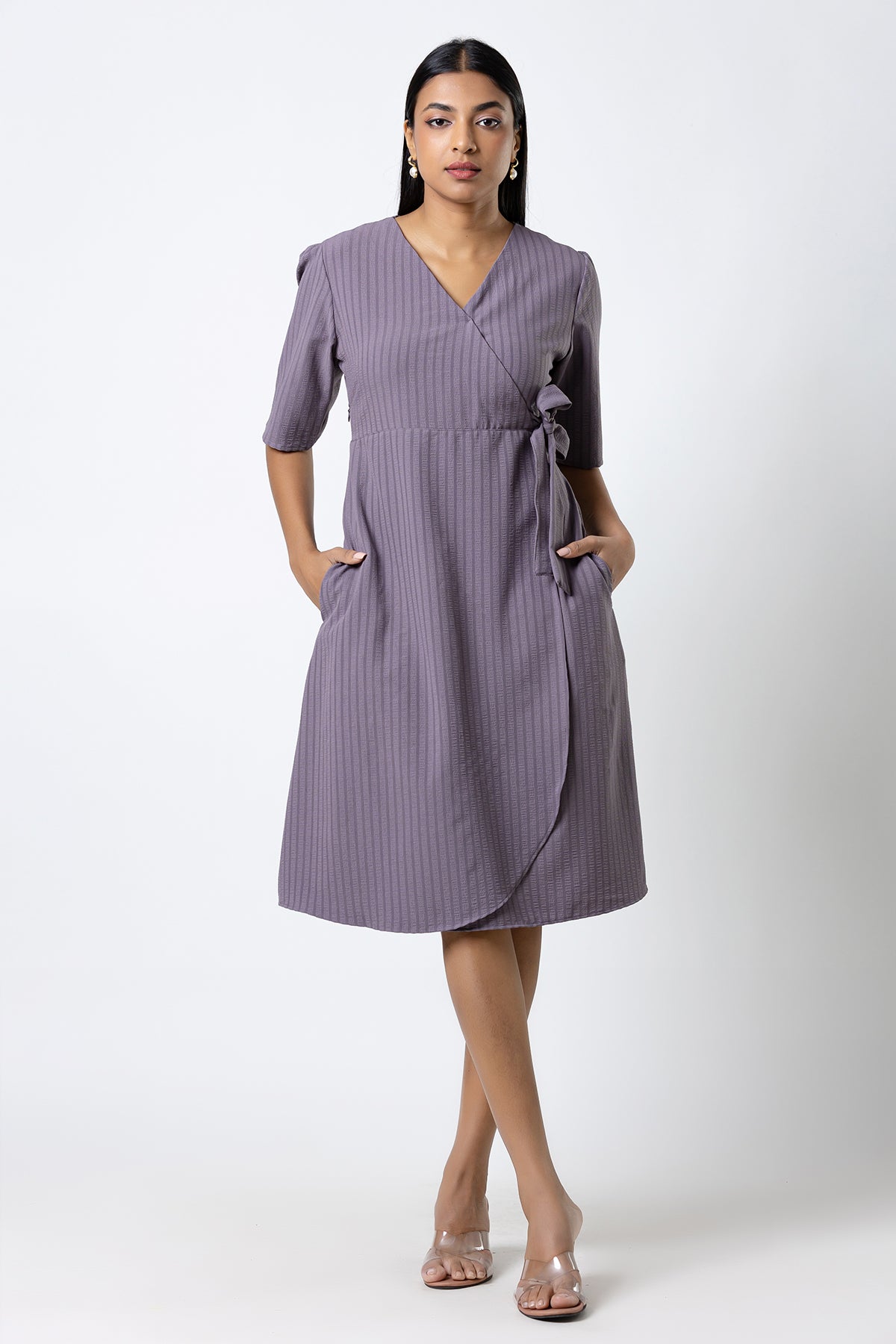 Envogue Women's Puff  Sleeve Side Knot Office Midi Dress