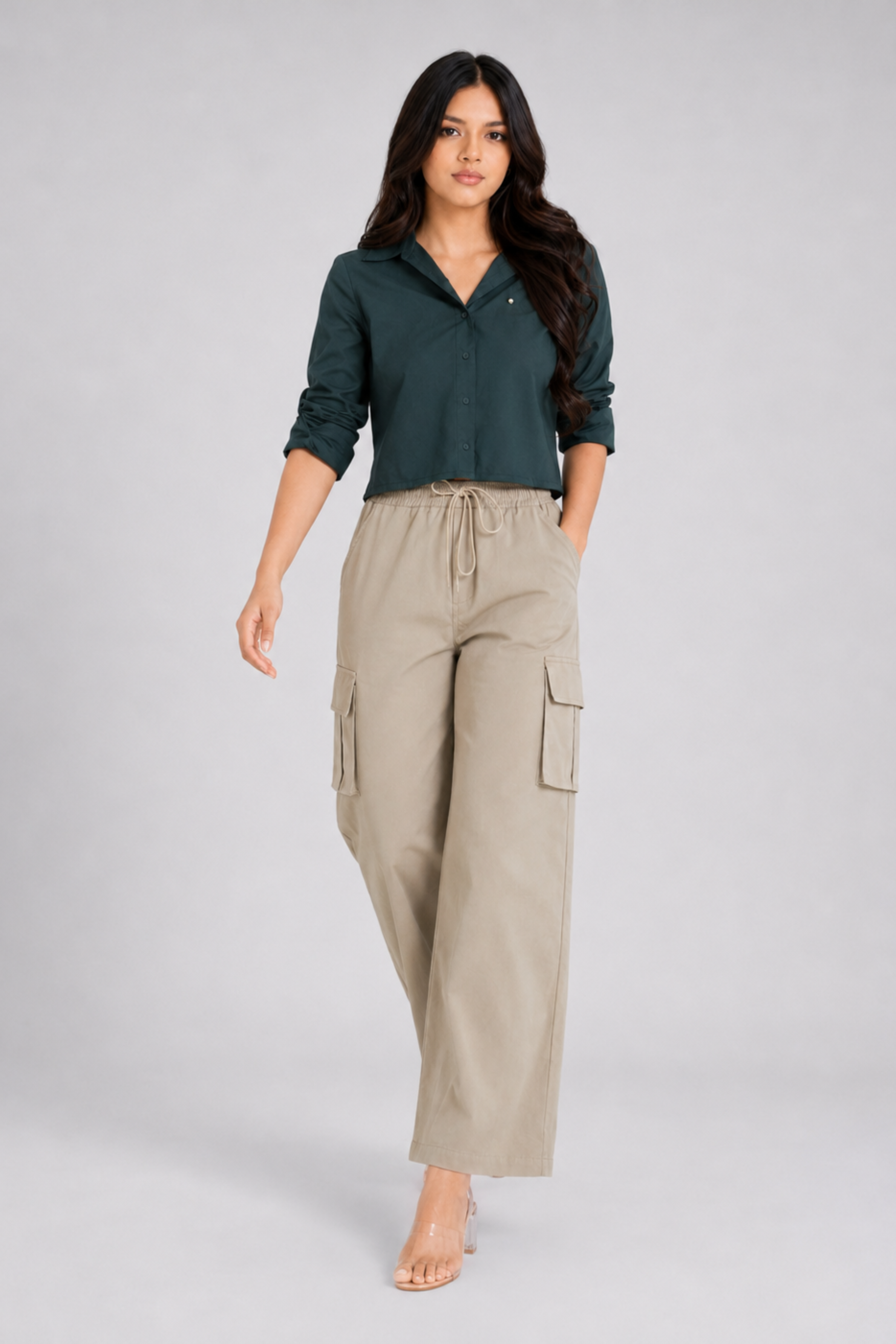 MODANO Casual Plain Long Sleeve Top - Dark Green