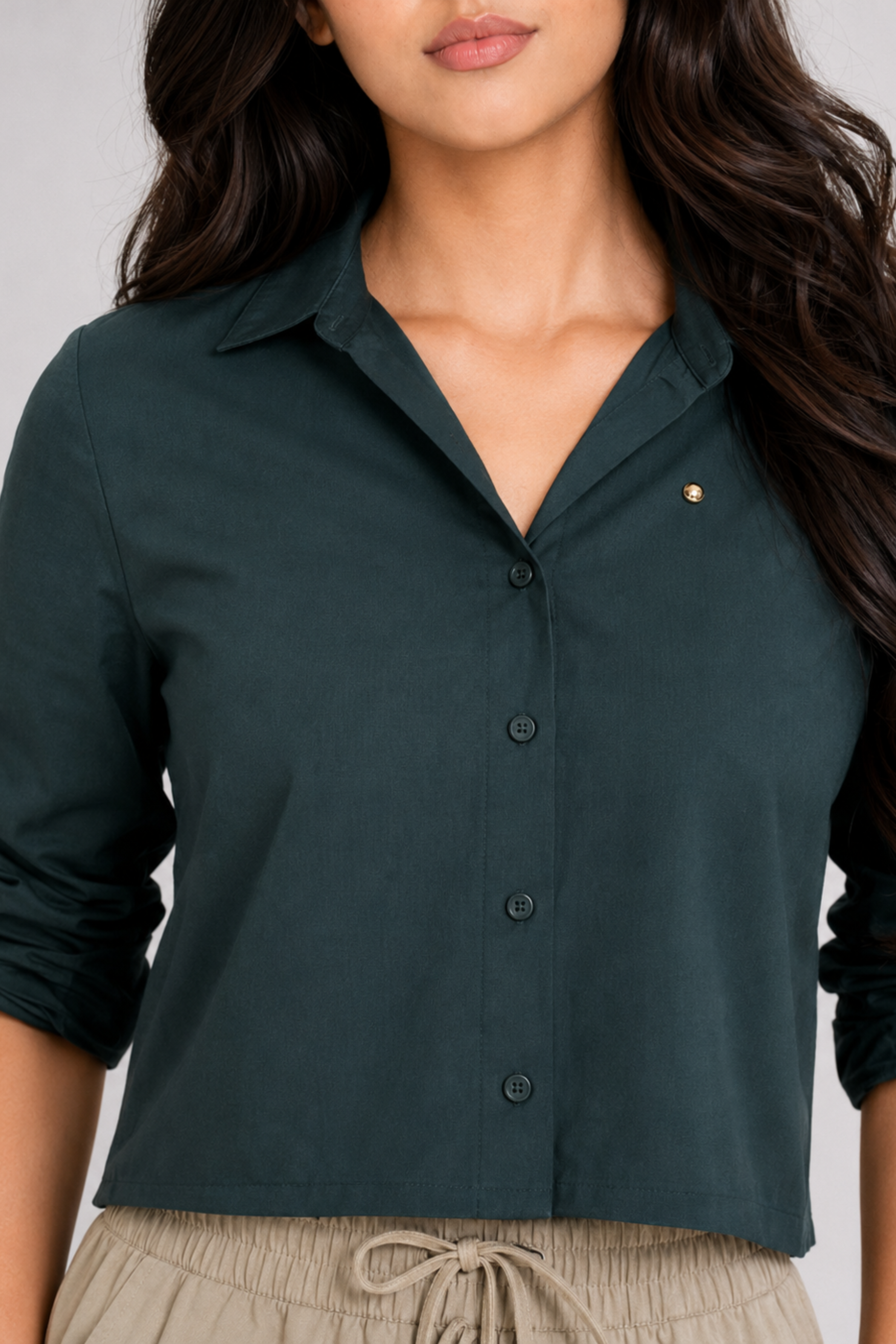 MODANO Casual Plain Long Sleeve Top - Dark Green