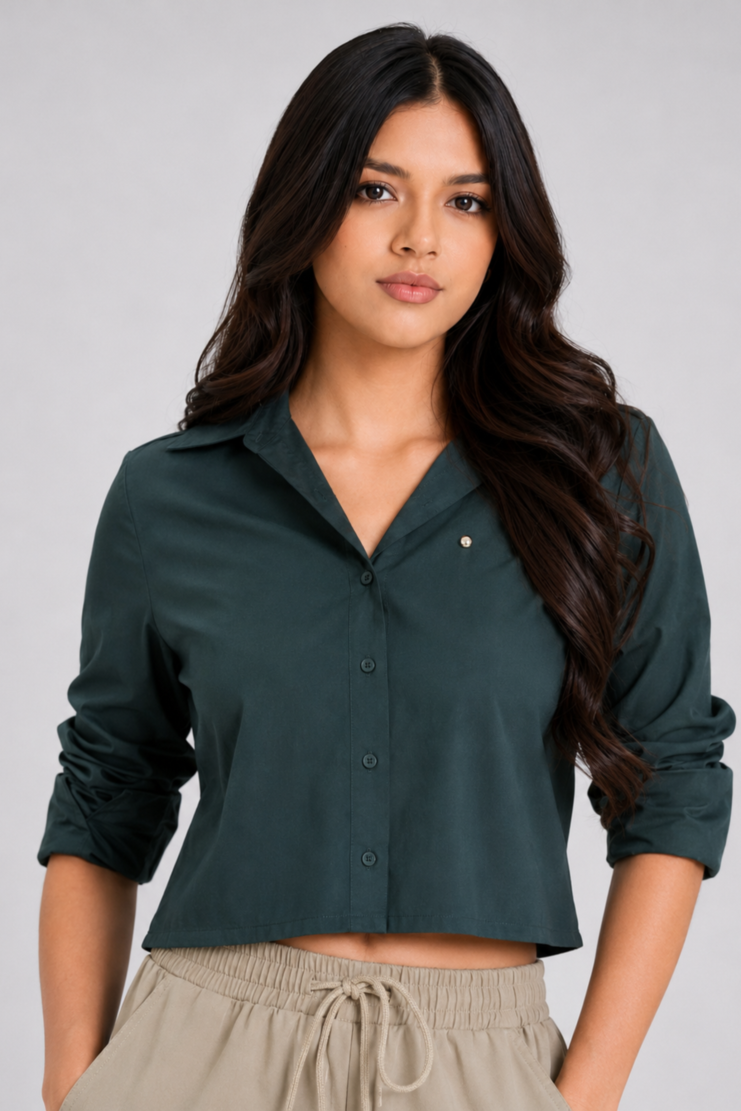 MODANO Casual Plain Long Sleeve Top - Dark Green