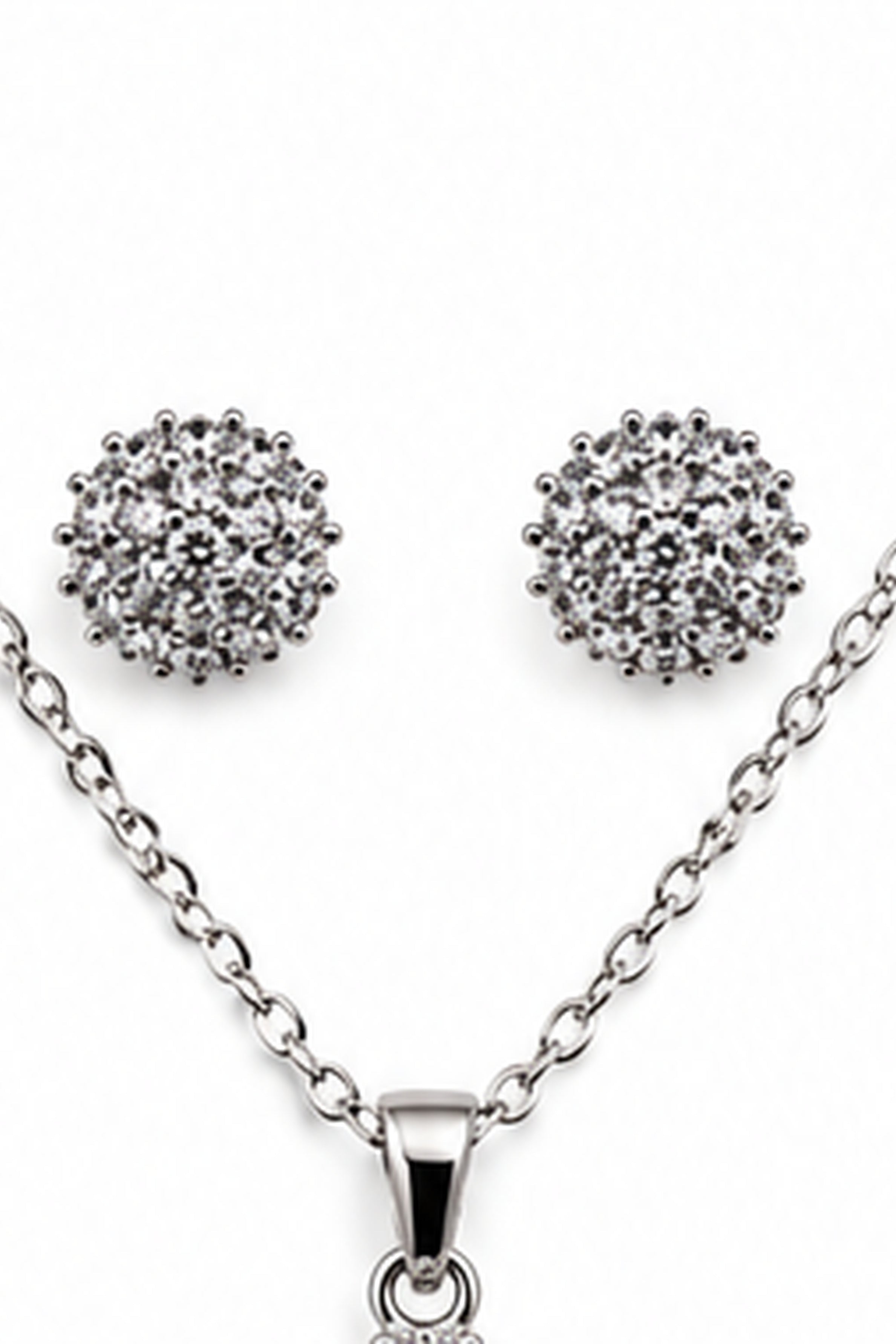 Women's Crystal Cluster Stud Earrings &amp; Pendant Necklace Set – Silver