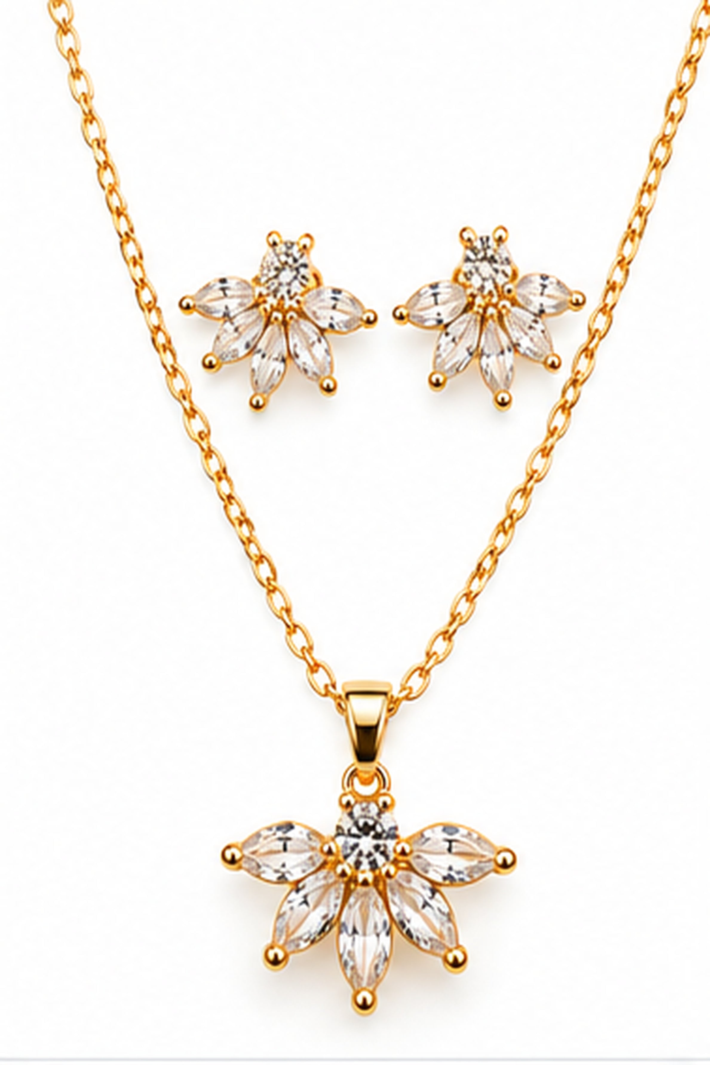 Women's Crystal Floral Stud Earrings & Pendant Necklace Set – Gold