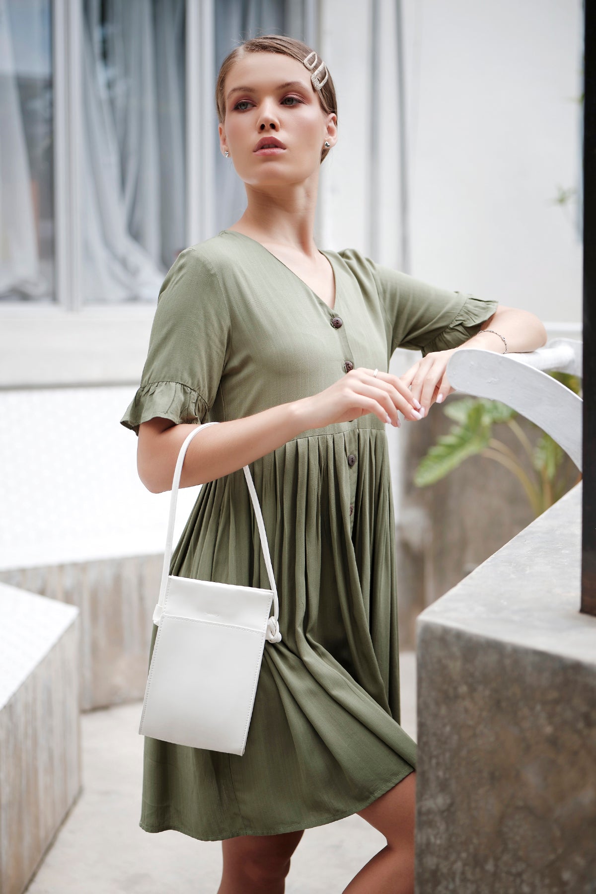 Modano Womens Casual Puff Sleeve Linen Dress