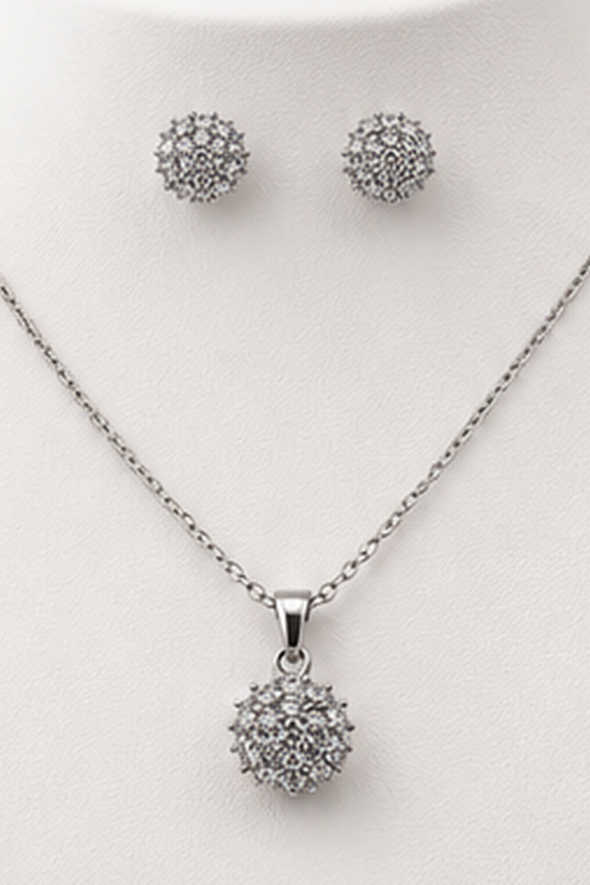 Women's Crystal Cluster Stud Earrings &amp; Pendant Necklace Set – Silver