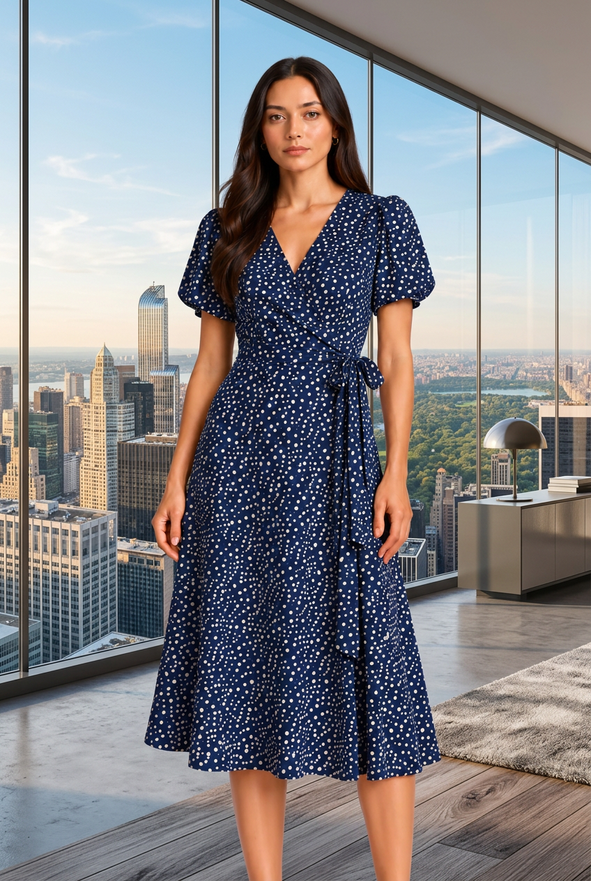 ENVOGUE Women's Formal Dots Printed Dress - Navy