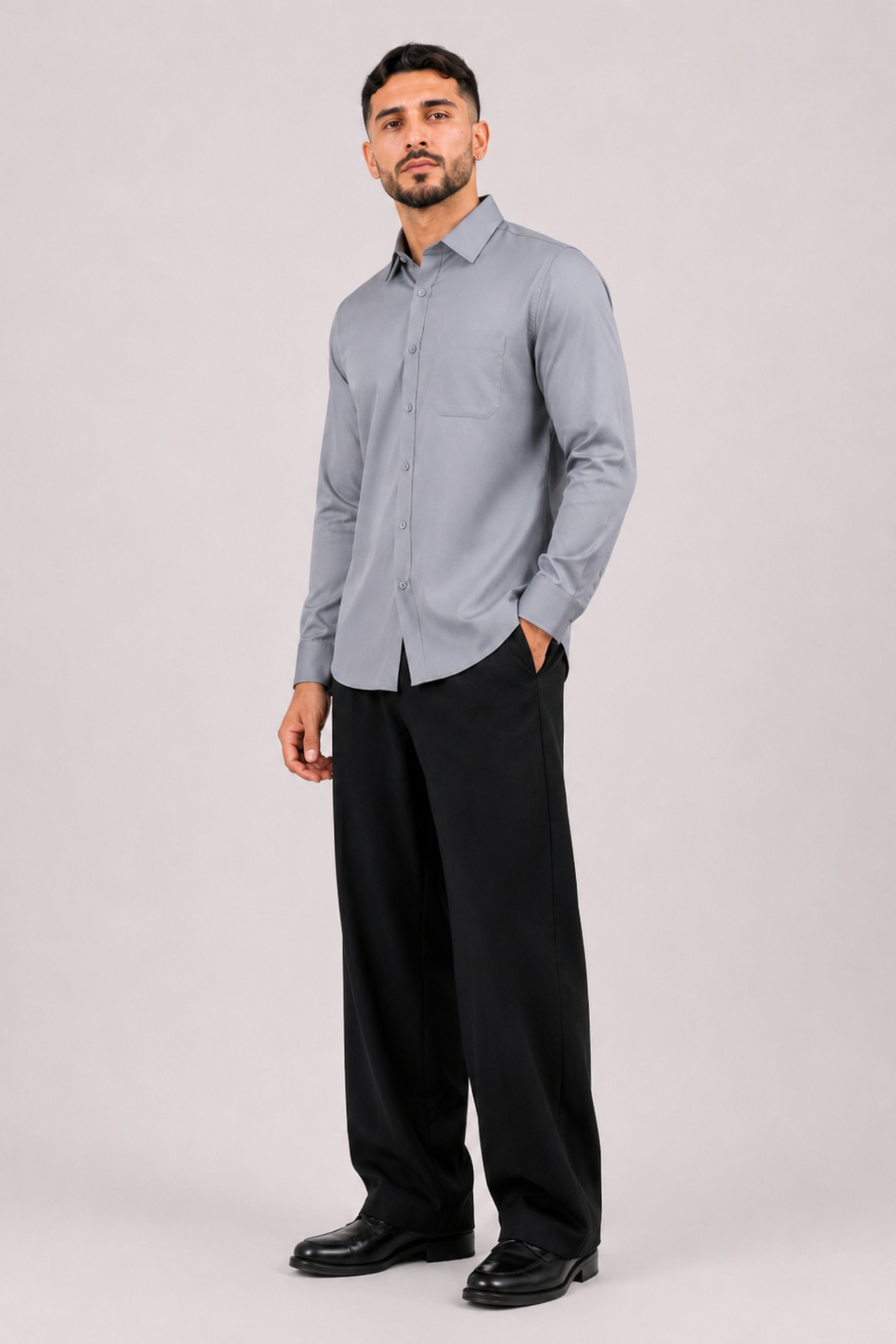 GENZ Formal Slim Fit Long Sleeve Shirt - Grey