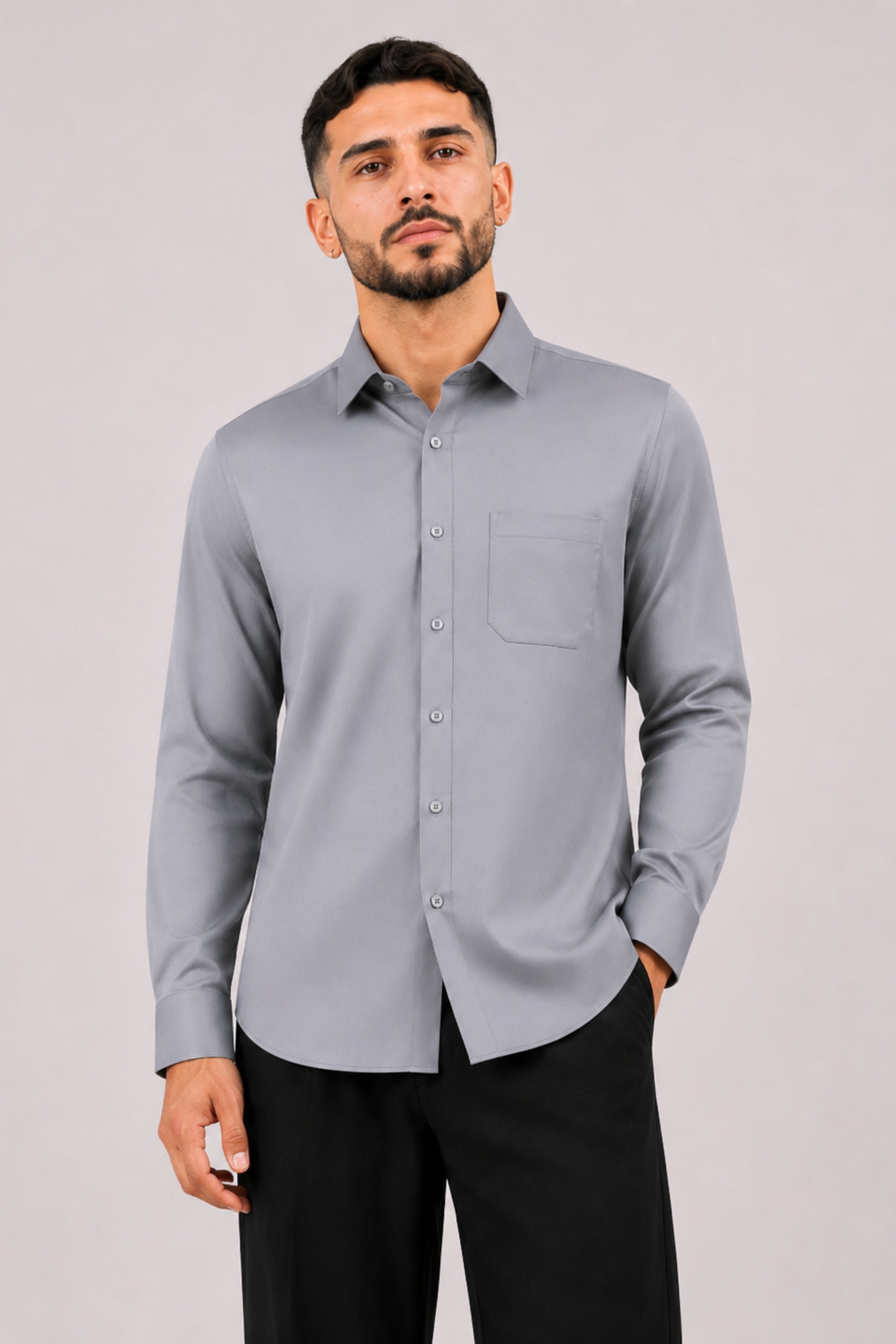 GENZ Formal Slim Fit Long Sleeve Shirt - Grey