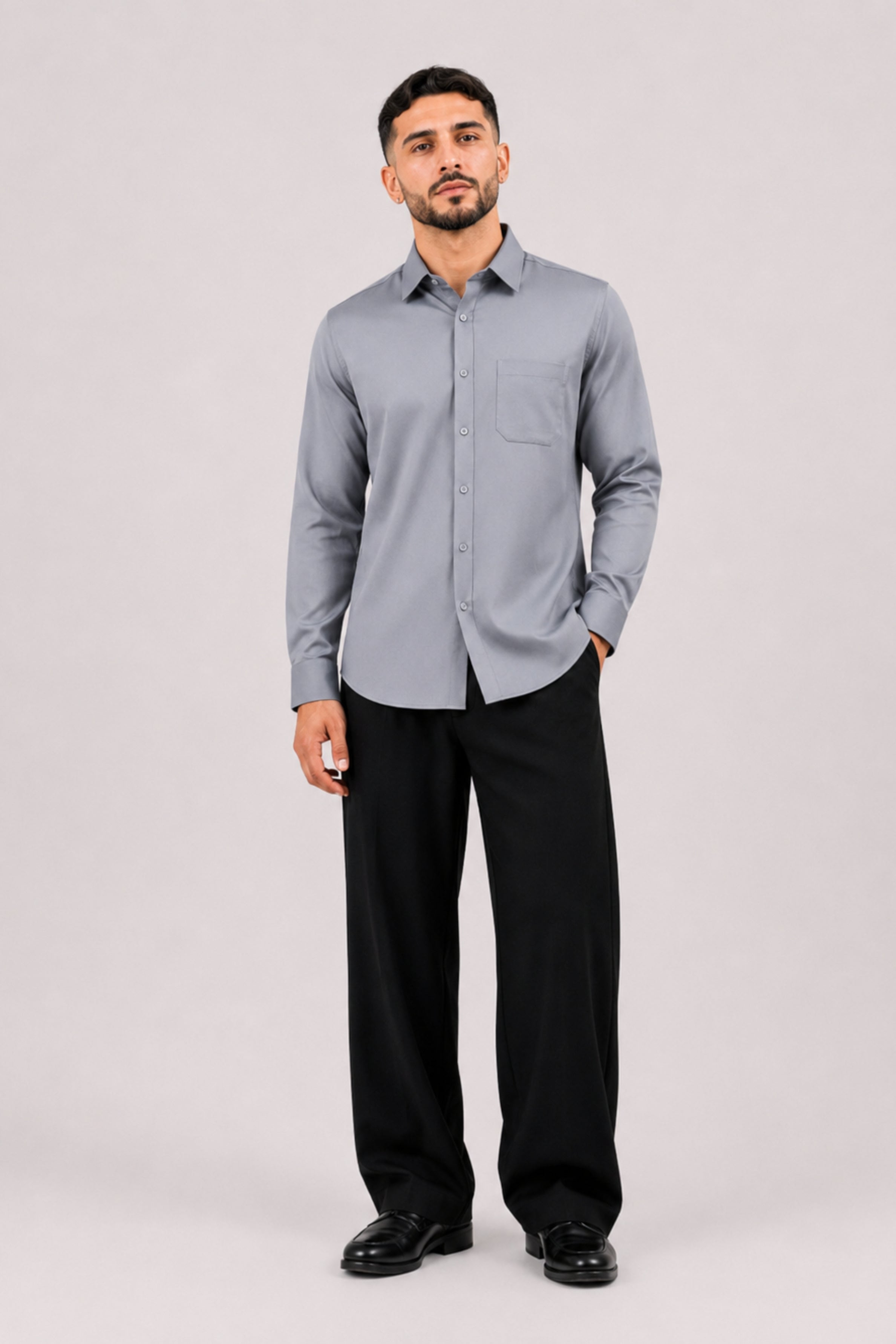 GENZ Formal Slim Fit Long Sleeve Shirt - Grey
