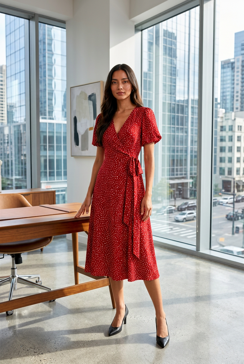 ENVOGUE Women's Formal Dots Printed Dress - Red