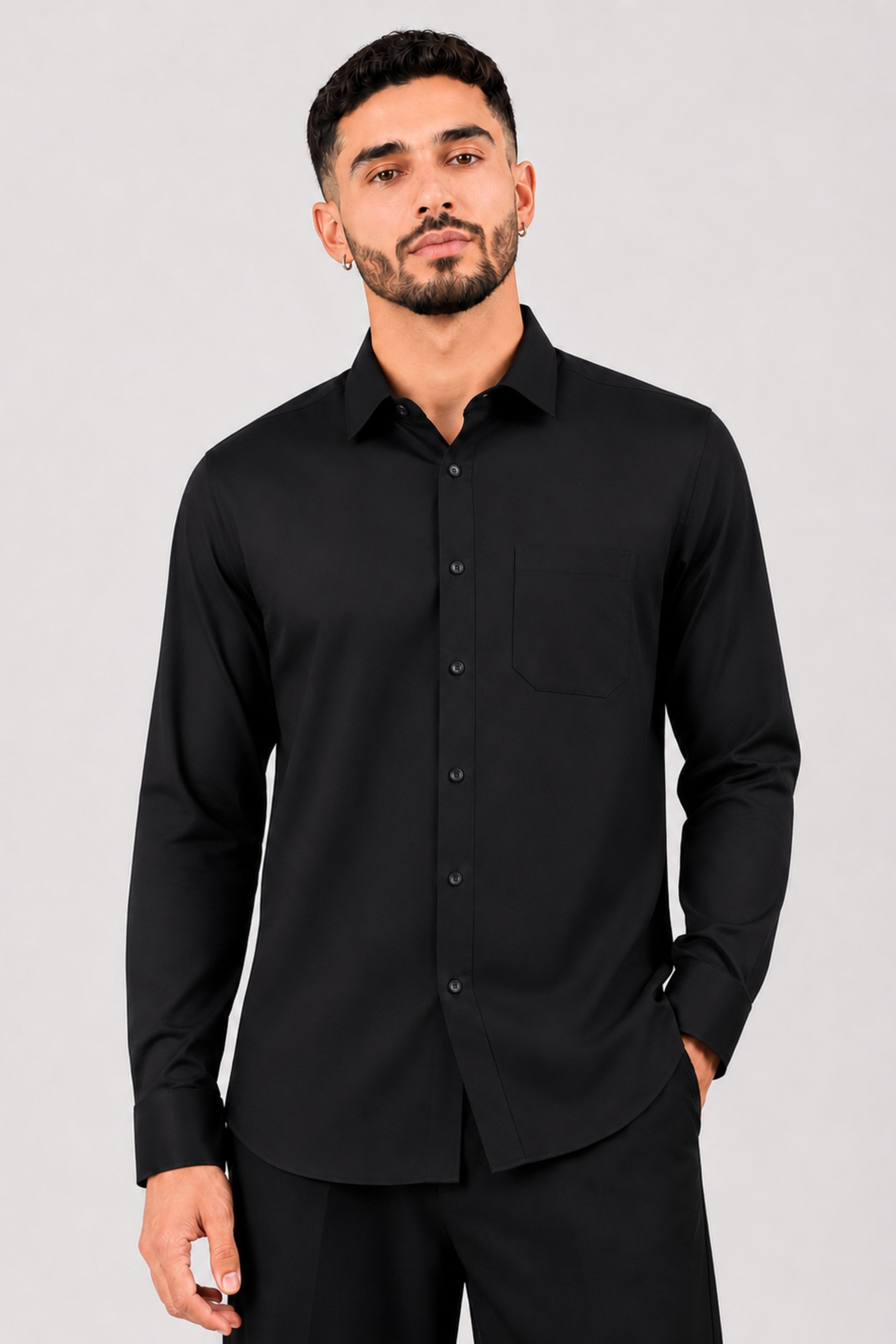 GENZ Formal Slim Fit Long Sleeve Shirt - Black