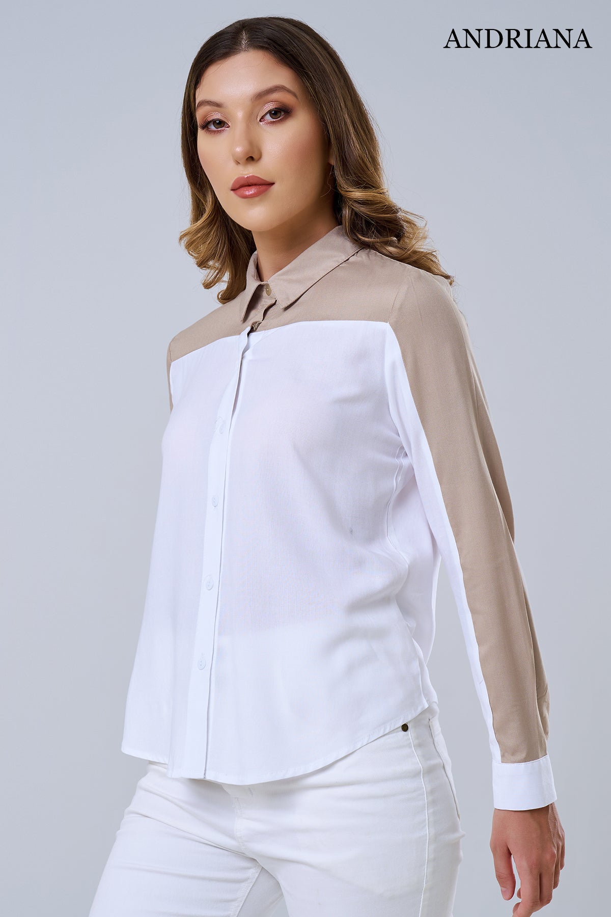 Andriana Elegance Women's Contrast Long Sleeve Chic Office Shirt