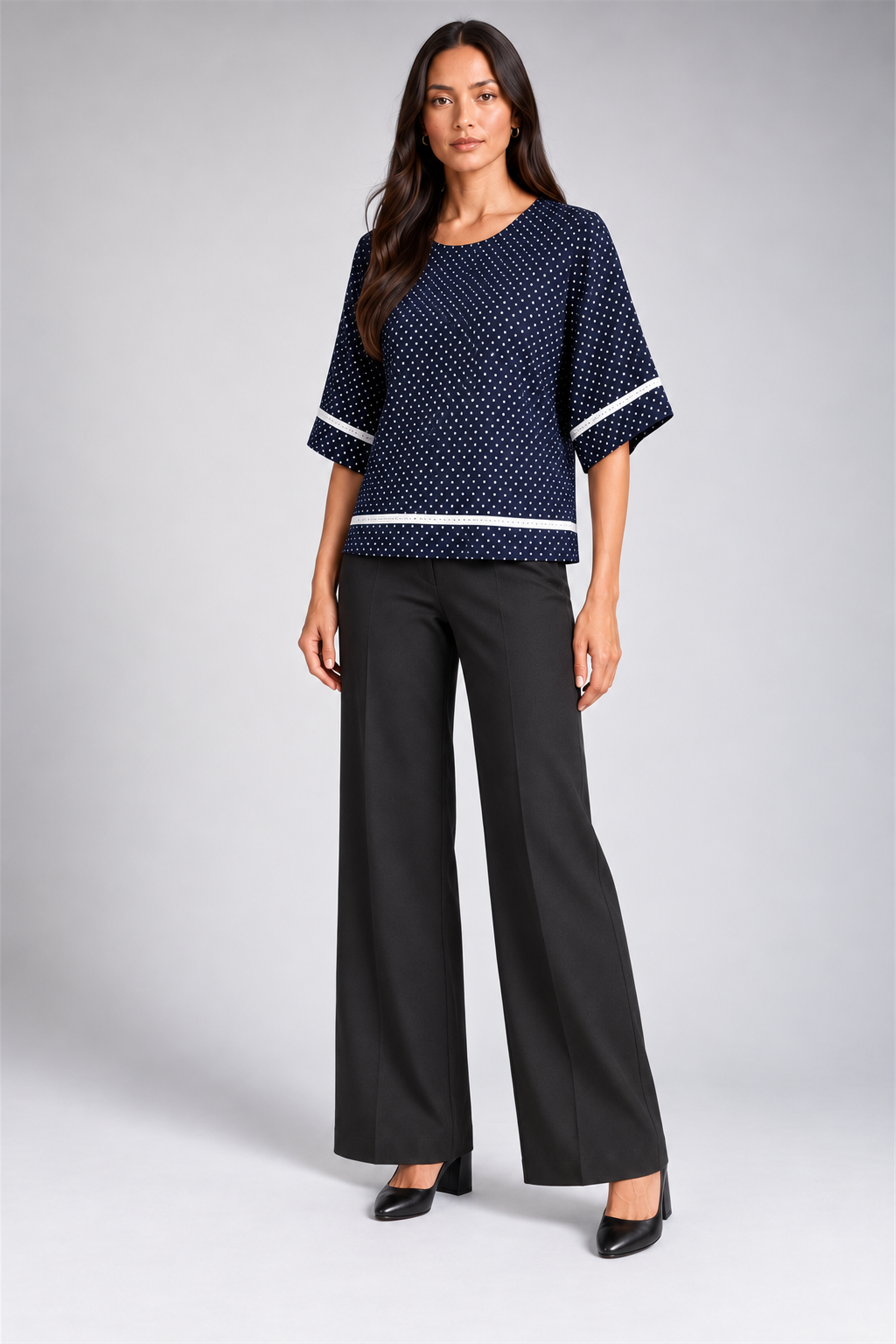 ENVOGUE Women's Formal Dots Printed Blouse - Navy