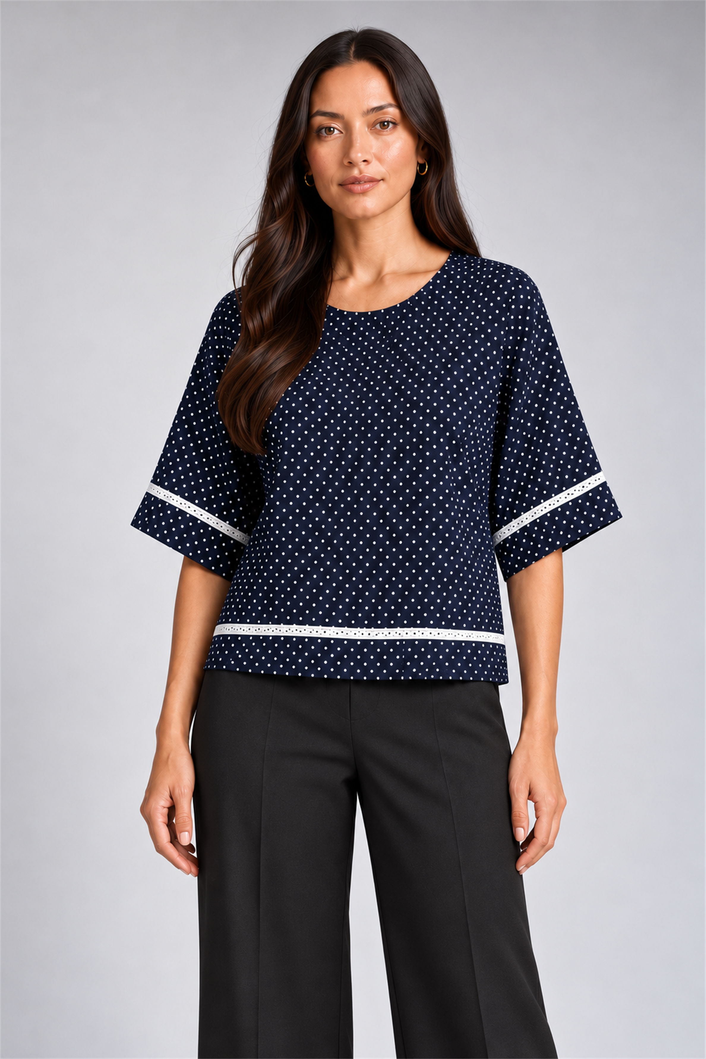 ENVOGUE Women's Formal Dots Printed Blouse - Navy