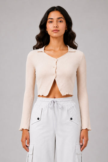 MODANO Casual Long Sleeve Top - Beige