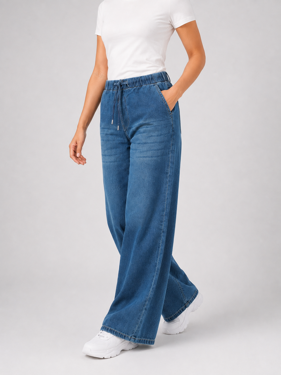 MODANO women's stone blue denim jeans with classic wash and functional leg pockets
