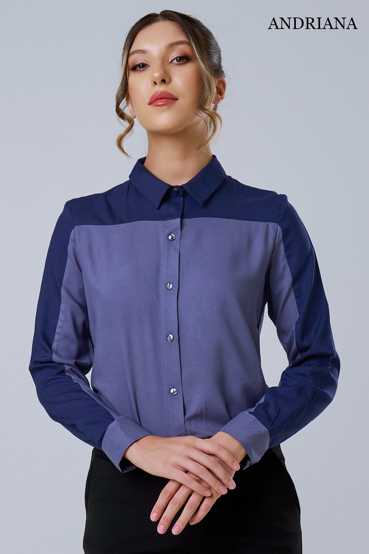 Andriana Elegance Women's Contrast Long Sleeve Chic Office Shirt