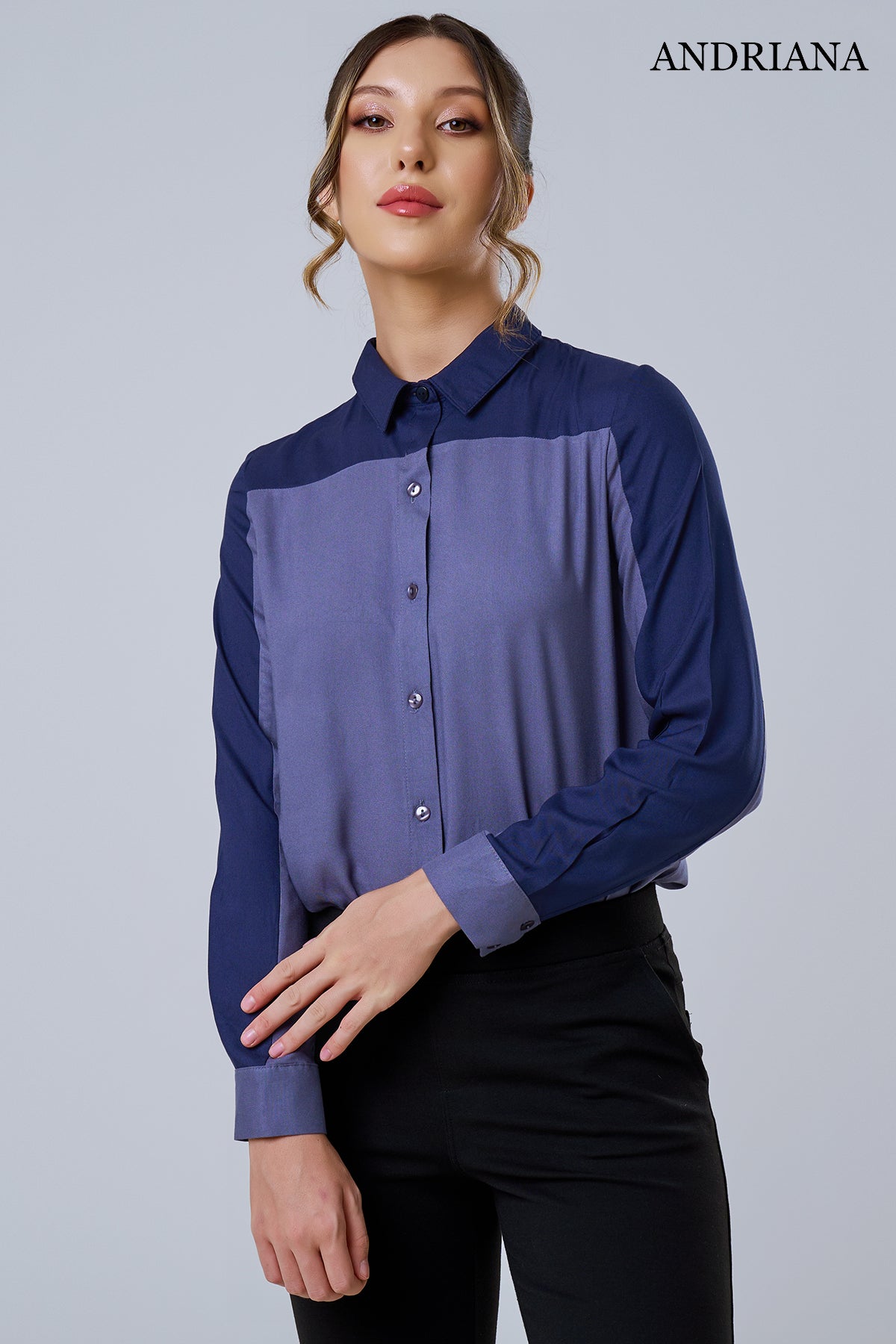 Andriana Elegance Women's Contrast Long Sleeve Chic Office Shirt