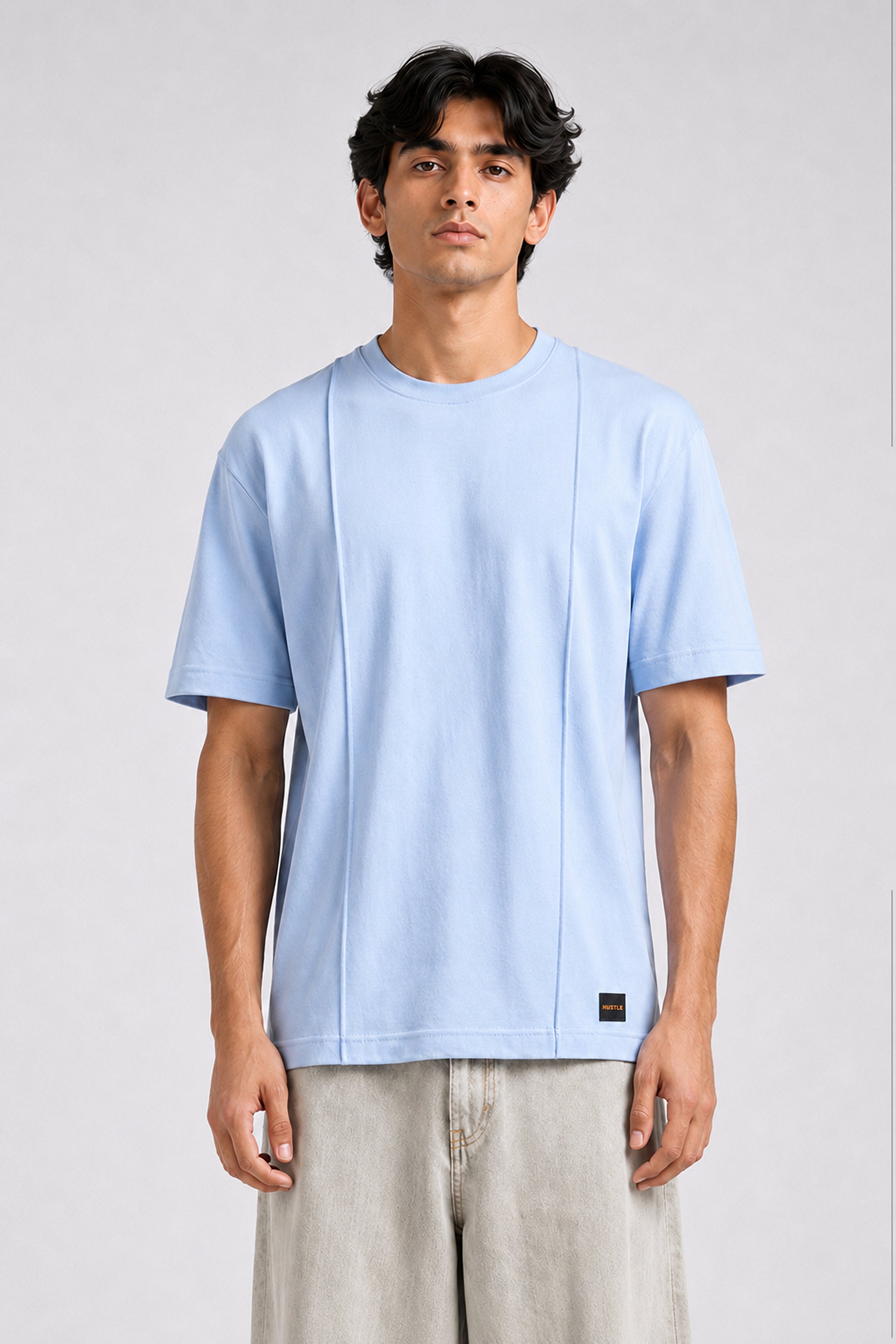 HUSTLE Essentials Men's Crew Neck Oversized Tees - Ice Blue