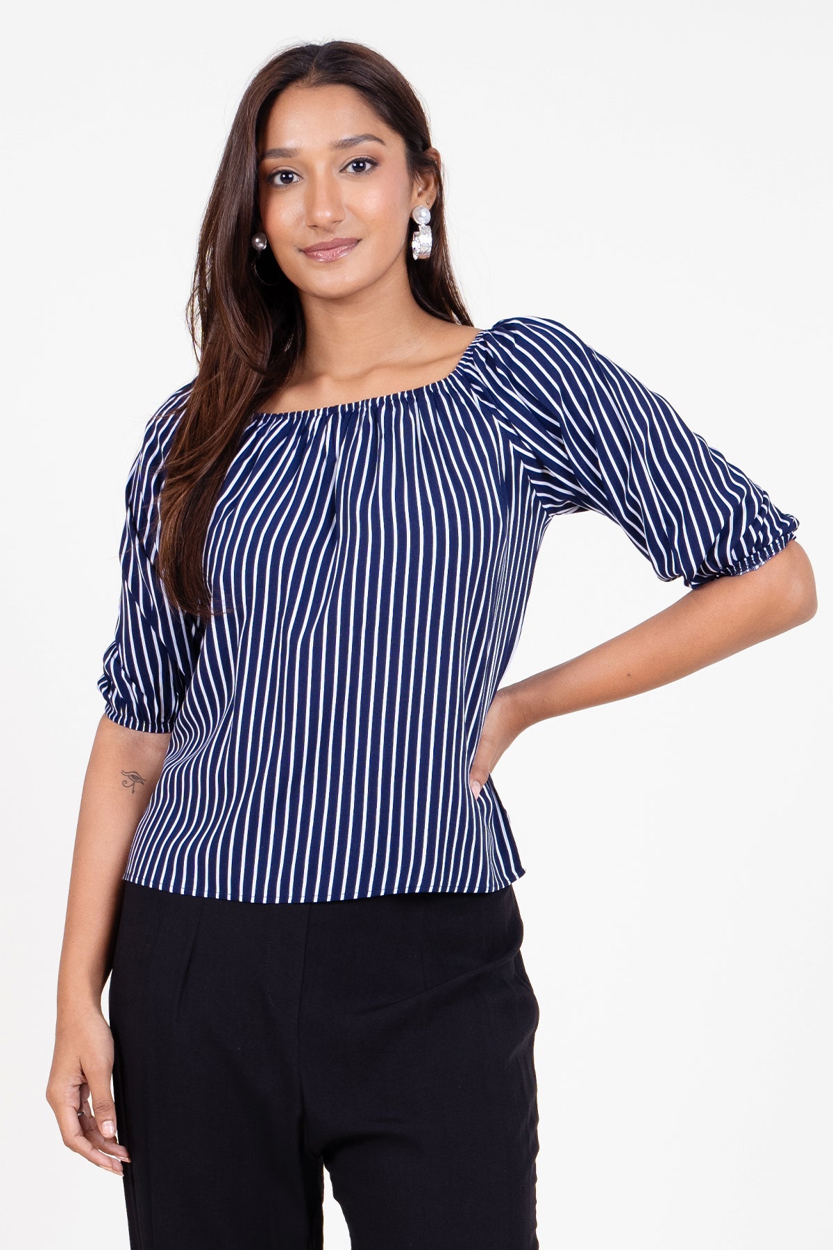 Envogue Women's Elbow Length Stripe Chic Casual Top