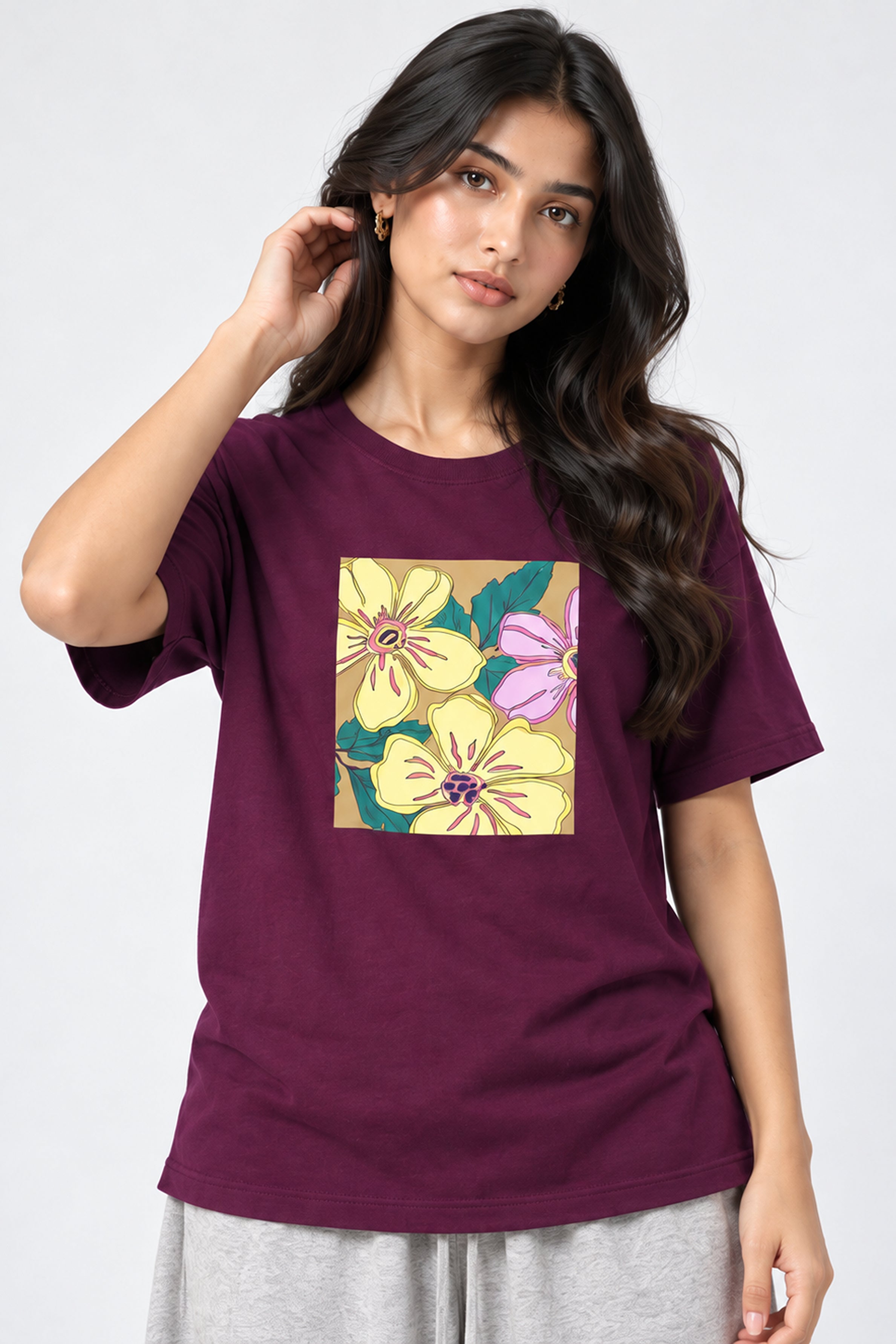 LOLI Women's Crew Neck Regular Tees - Maroon
