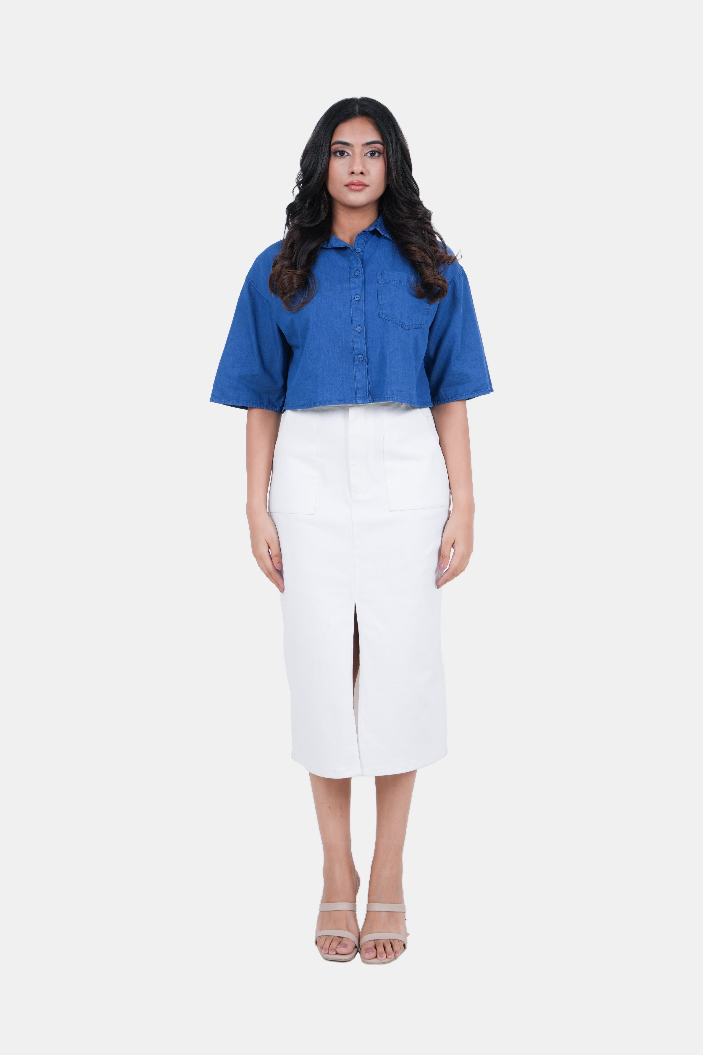 Modano Women's Denim Crop Shirt - Casual Wear