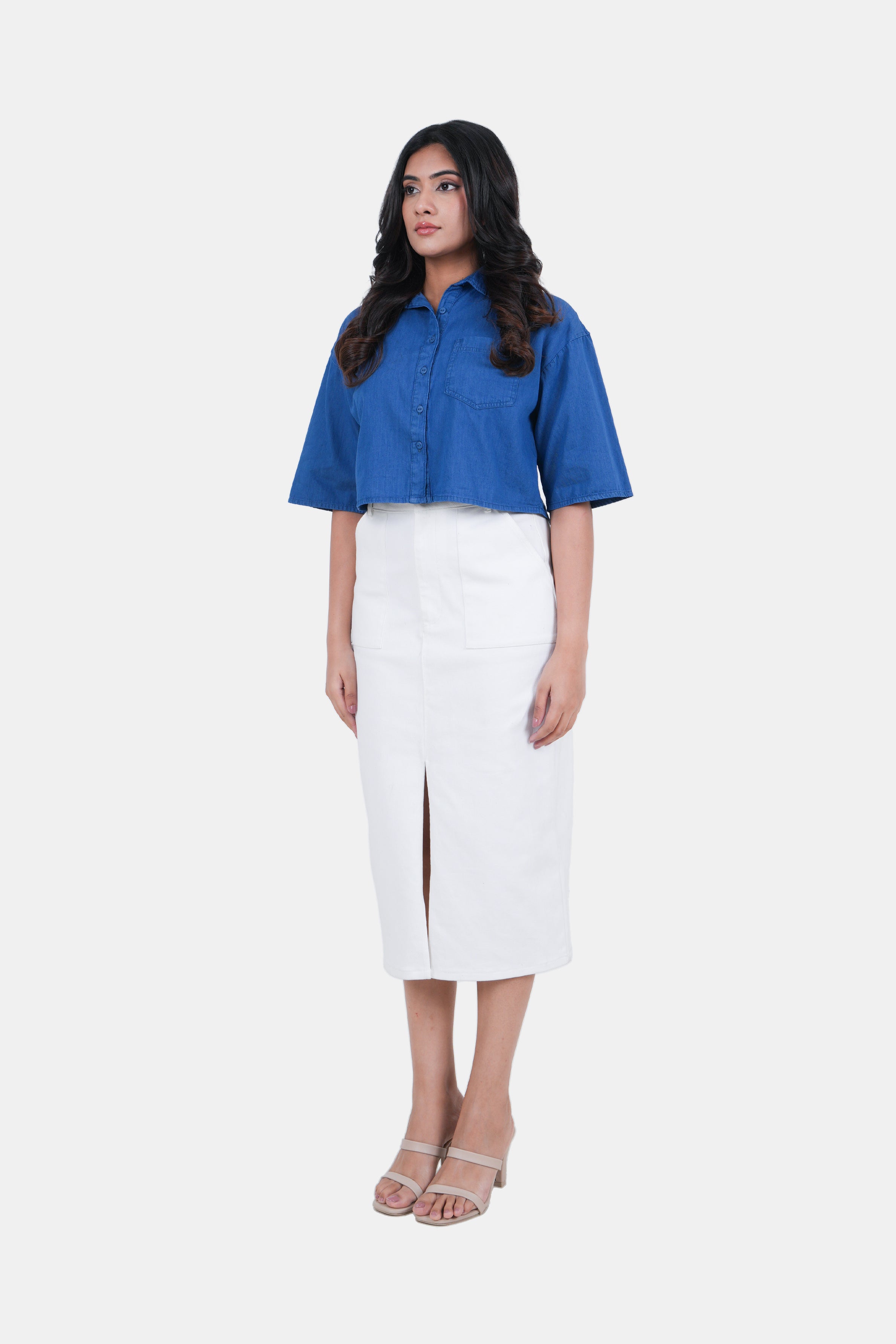 Modano Women's Denim Crop Shirt - Casual Wear