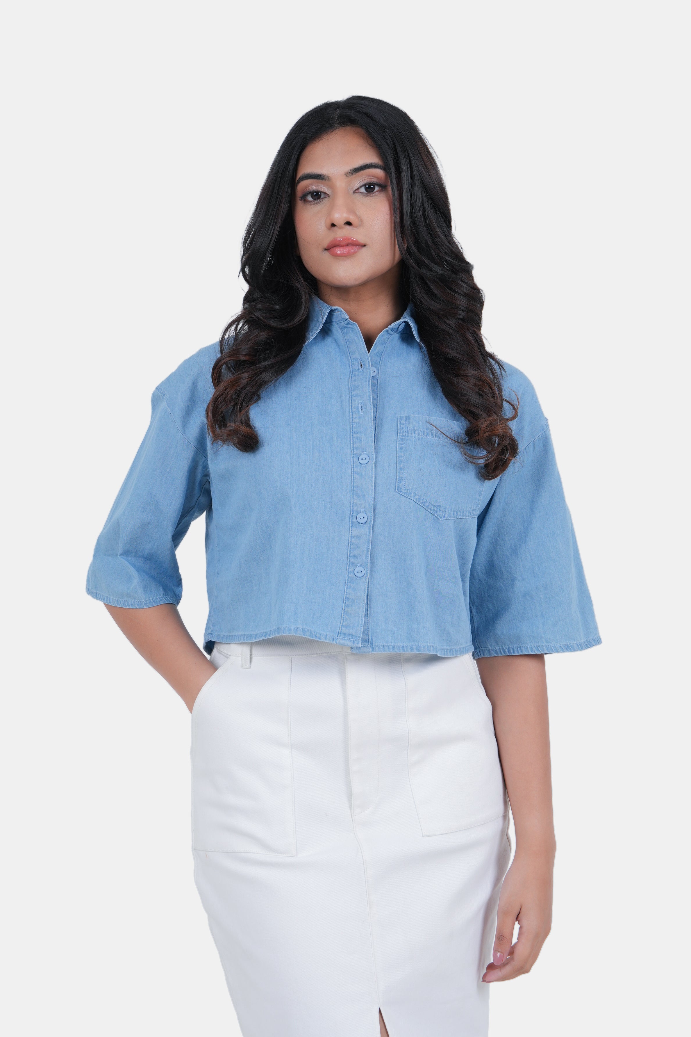 Modano Women's Denim Crop Shirt - Casual Wear