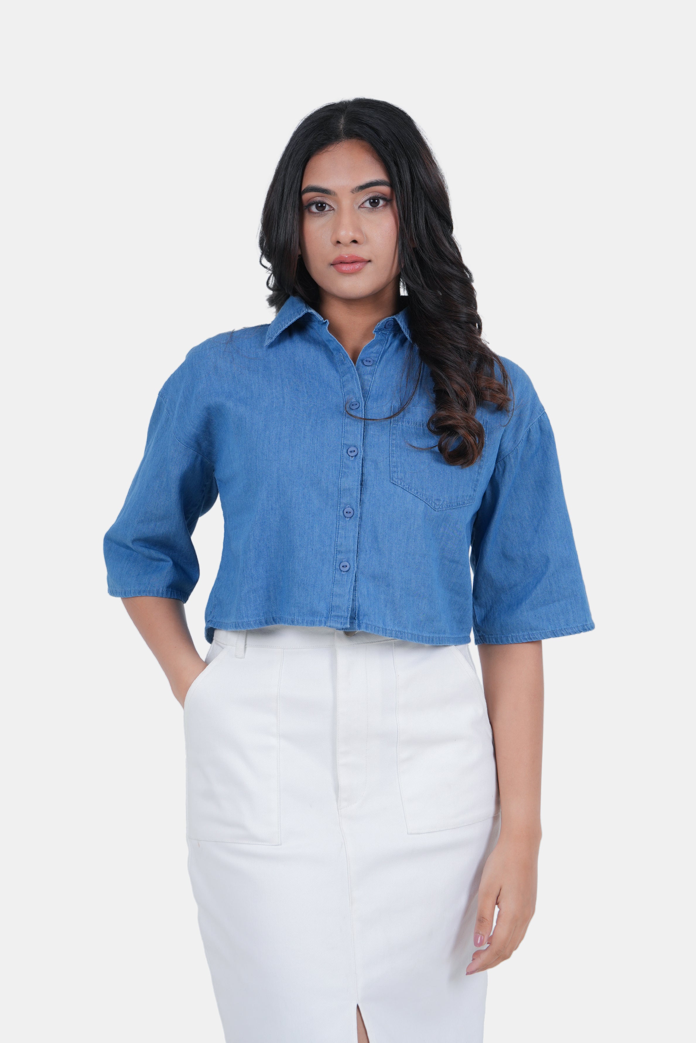 Modano Women's Denim Crop Shirt - Casual Wear