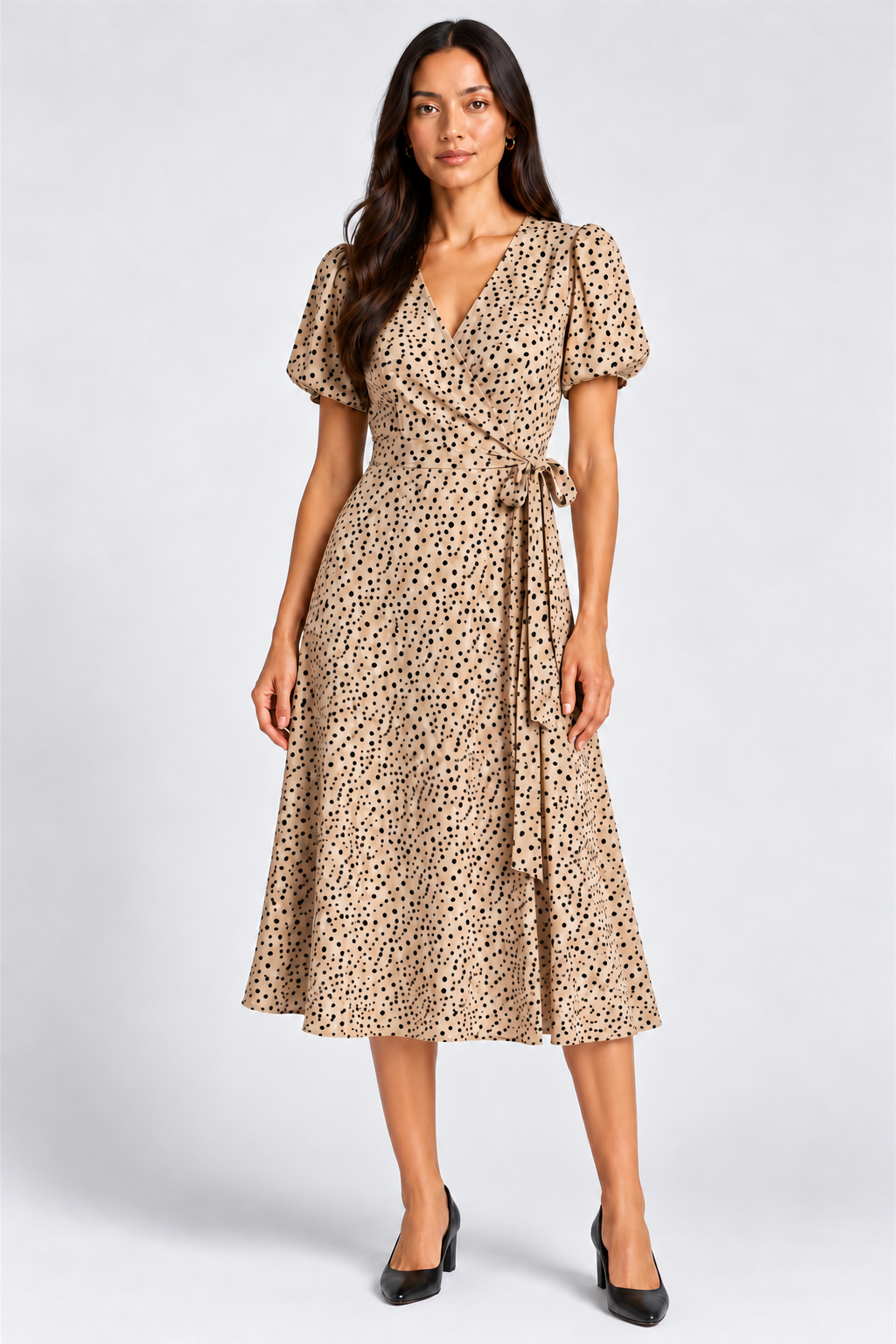ENVOGUE Women's Formal Dots Printed Dress - Beige