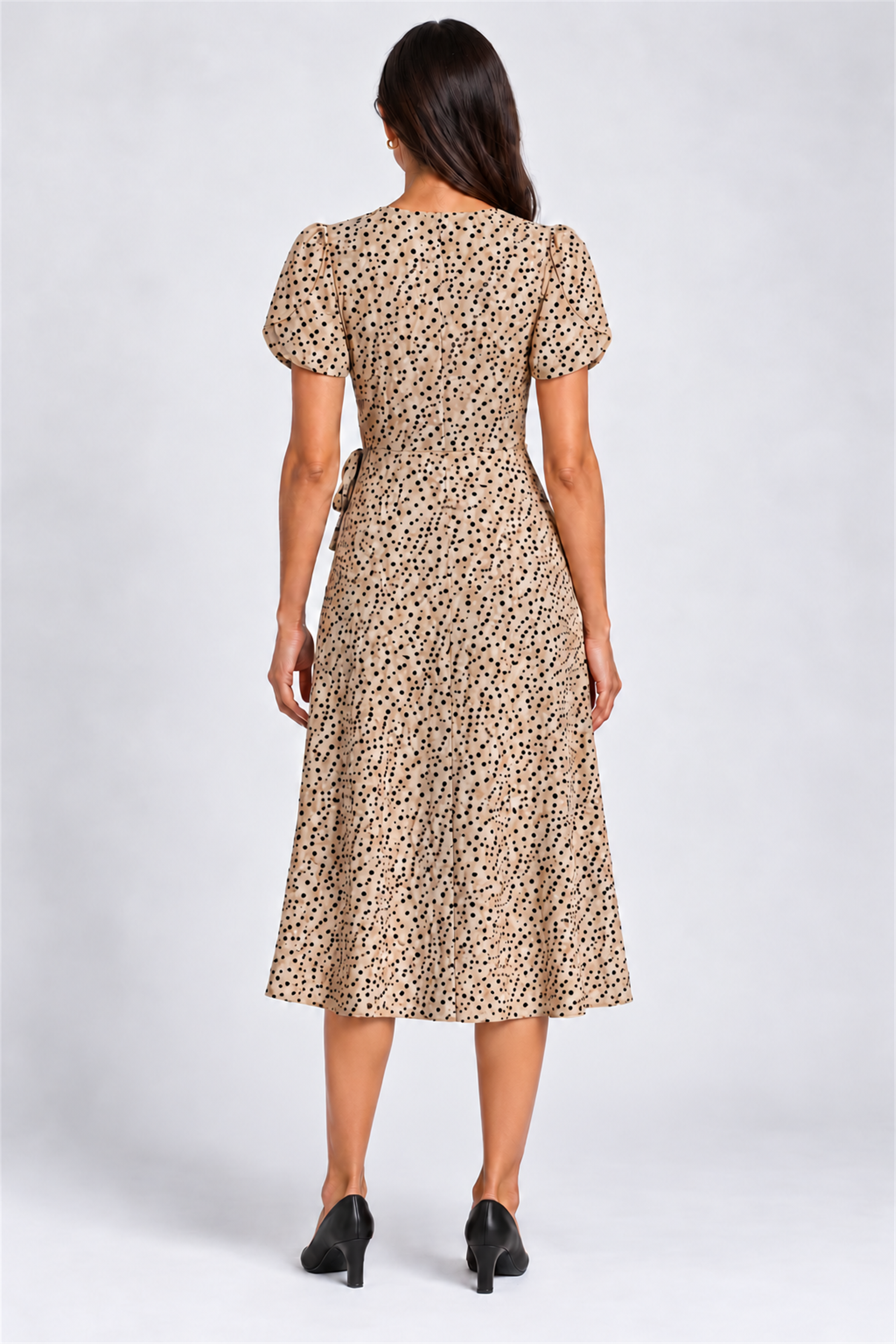 ENVOGUE Women's Formal Dots Printed Dress - Beige