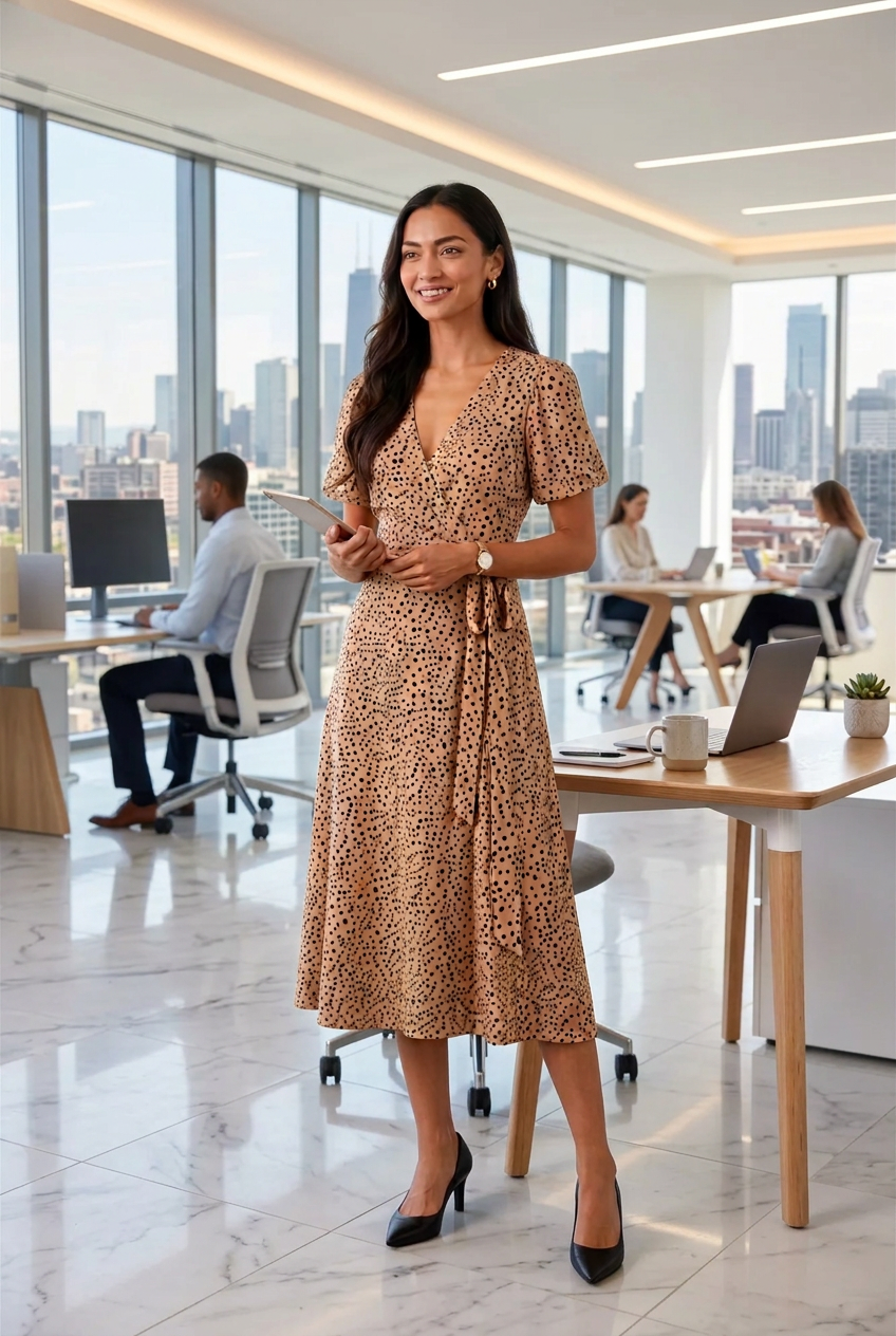 ENVOGUE Women's Formal Dots Printed Dress - Beige
