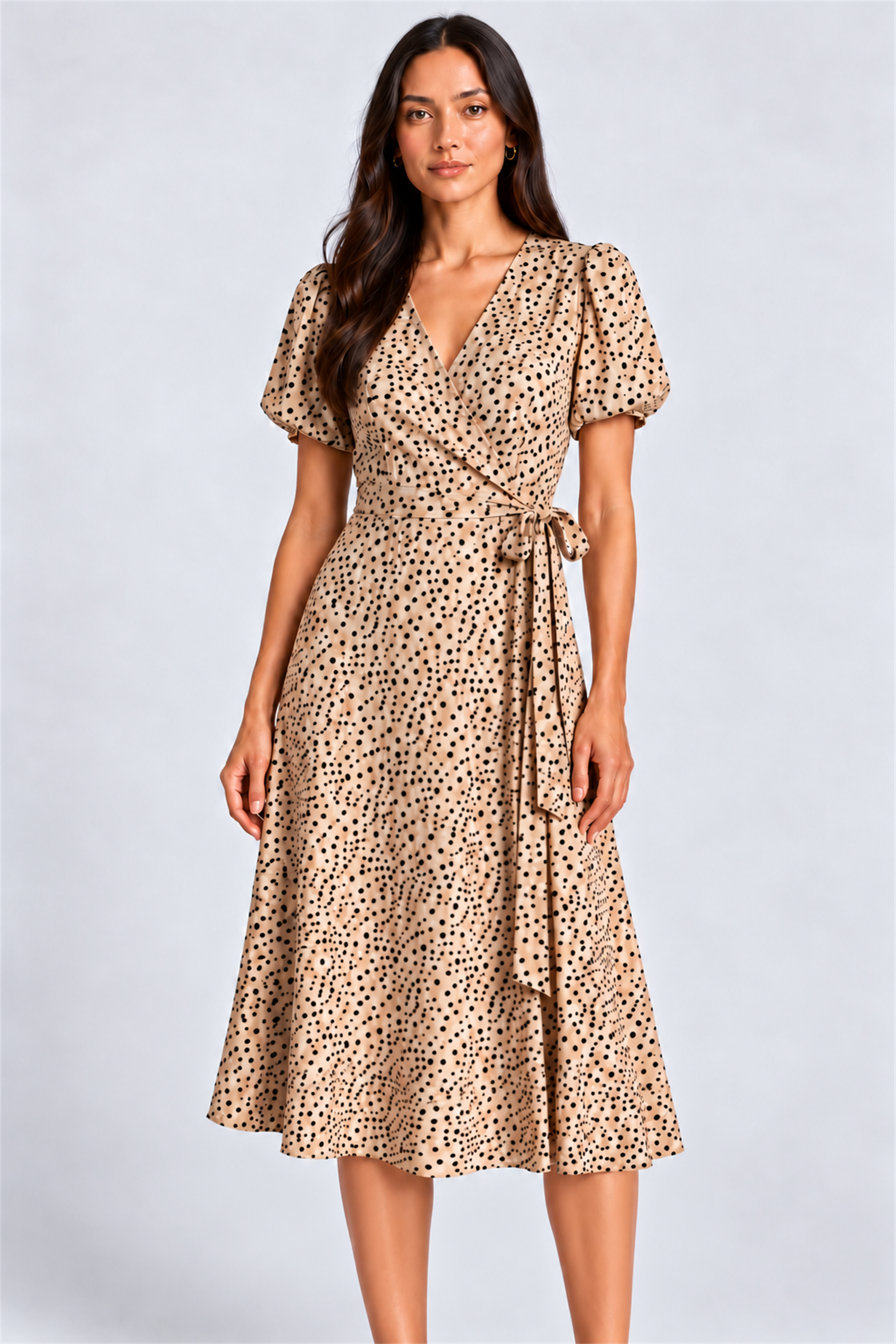 ENVOGUE Women's Formal Dots Printed Dress - Beige