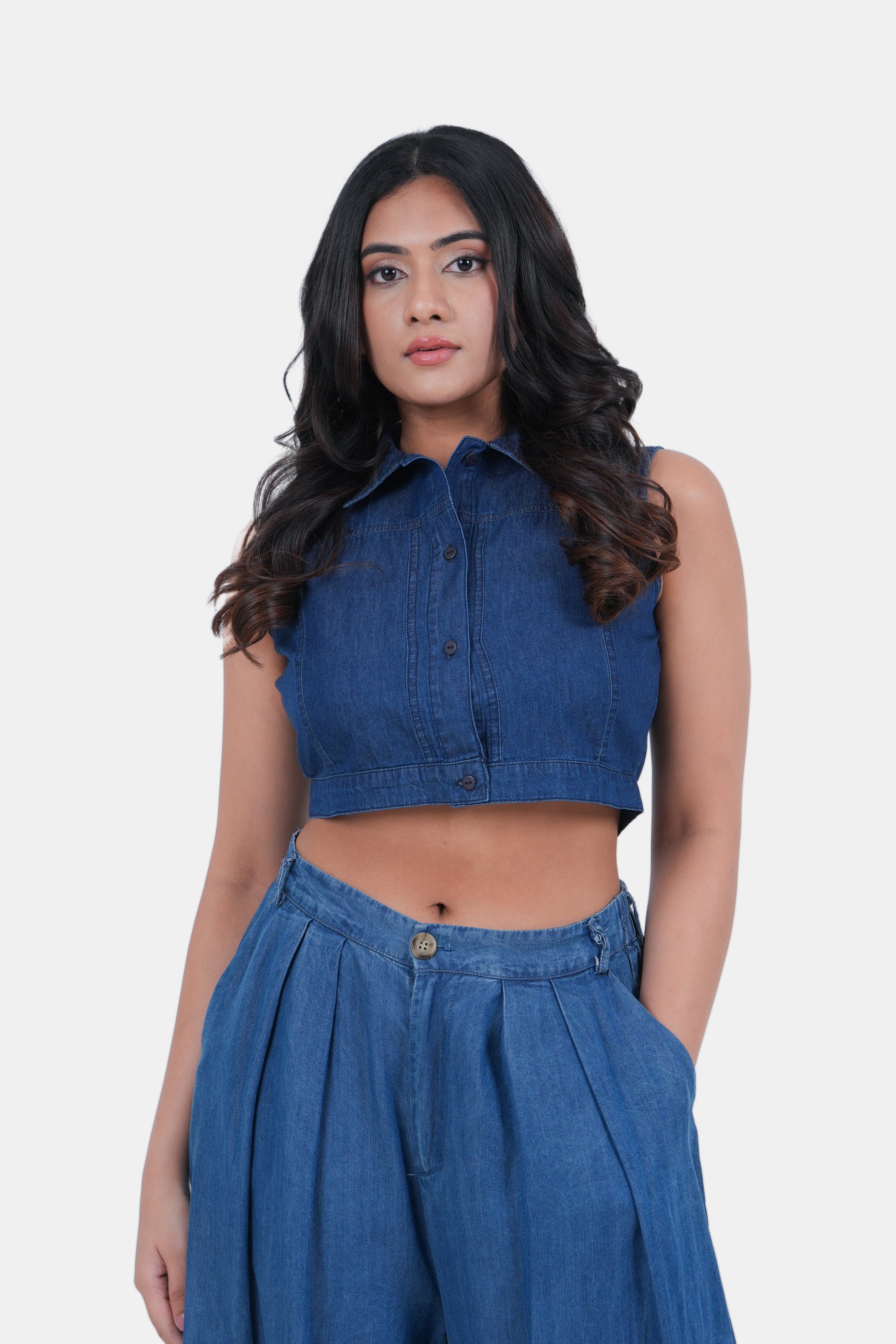 Modano Women's Denim Sleeveless Crop Top - Casual Wear