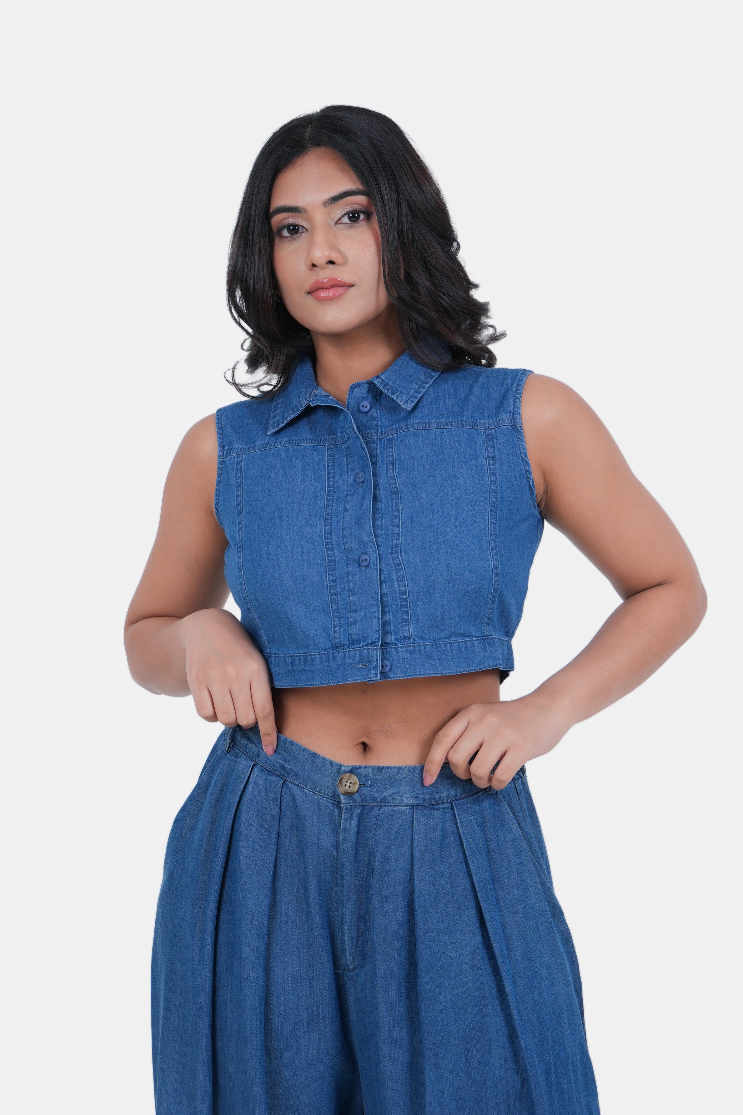 Modano Women's Denim Sleeveless Crop Top - Casual Wear