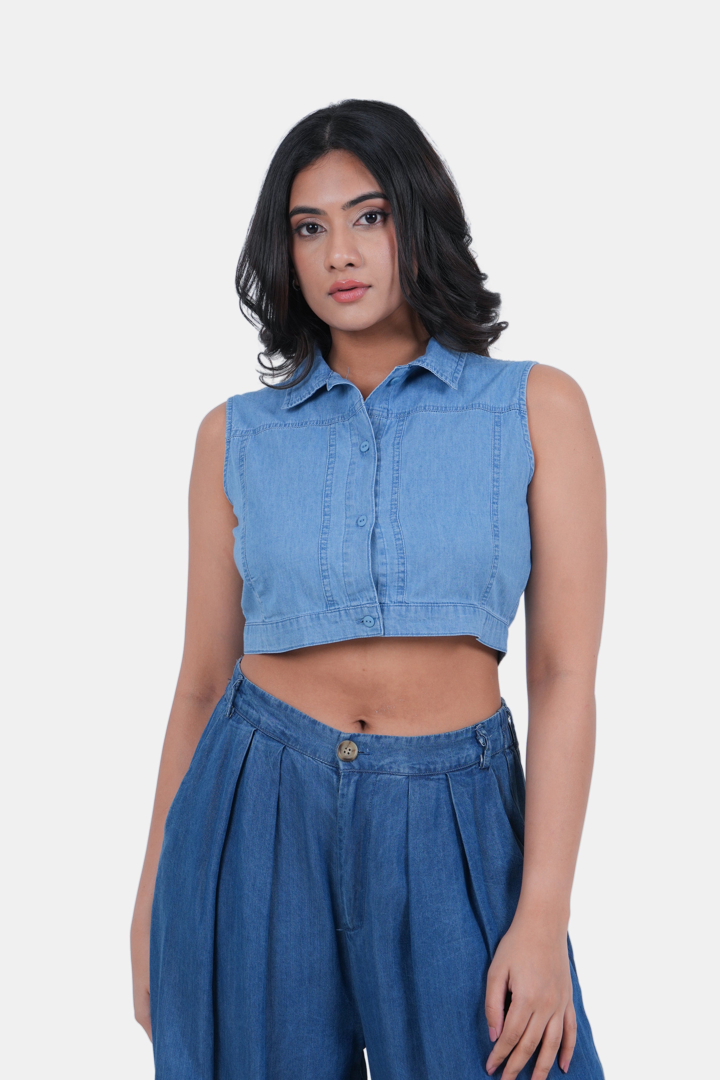Modano Women's Denim Sleeveless Crop Top - Casual Wear