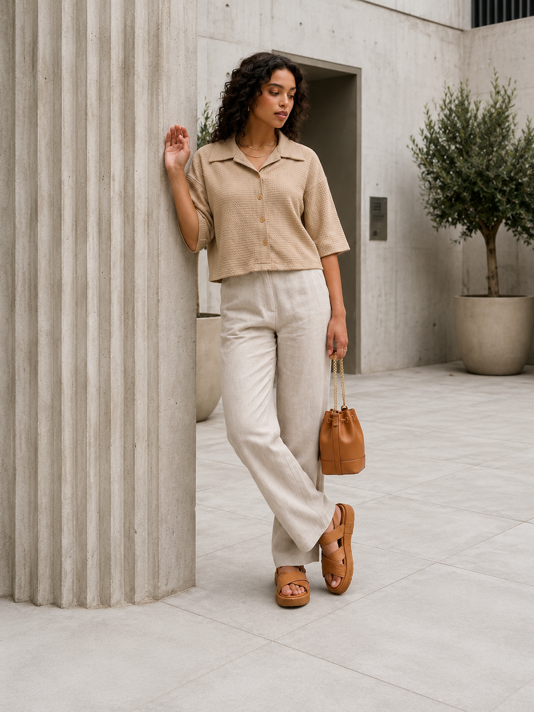 MODANO Ladies Casual Crop Top - Beige