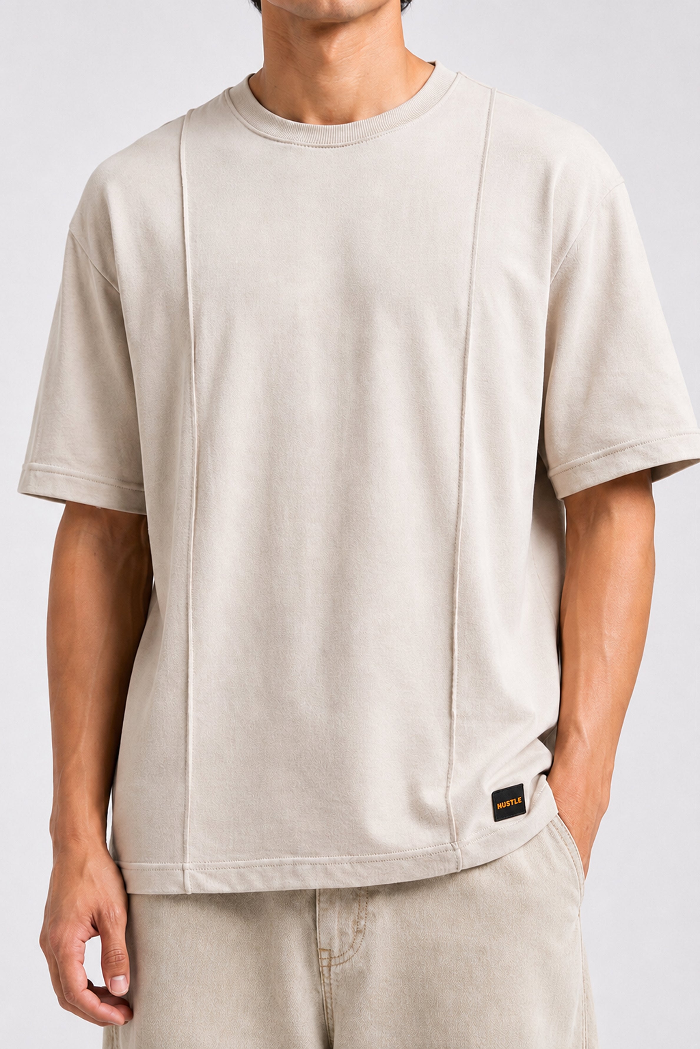 HUSTLE Essentials Men's Crew Neck Oversized Tees - Light Beige