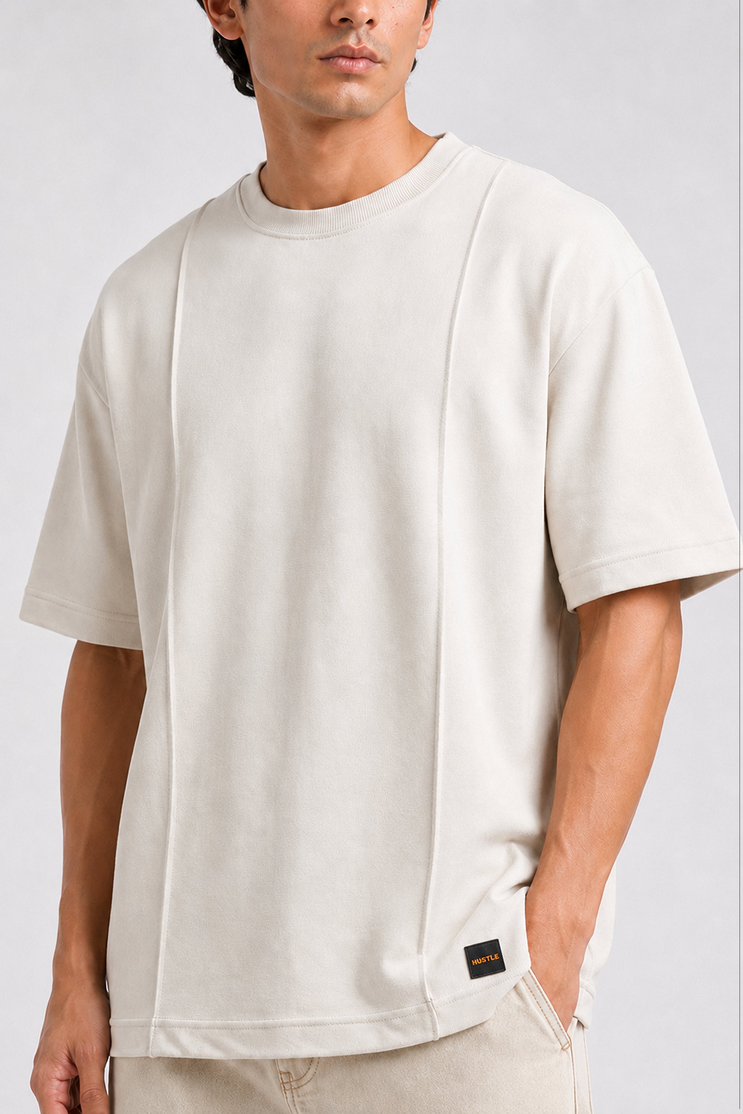 HUSTLE Essentials Men's Crew Neck Oversized Tees - Light Beige