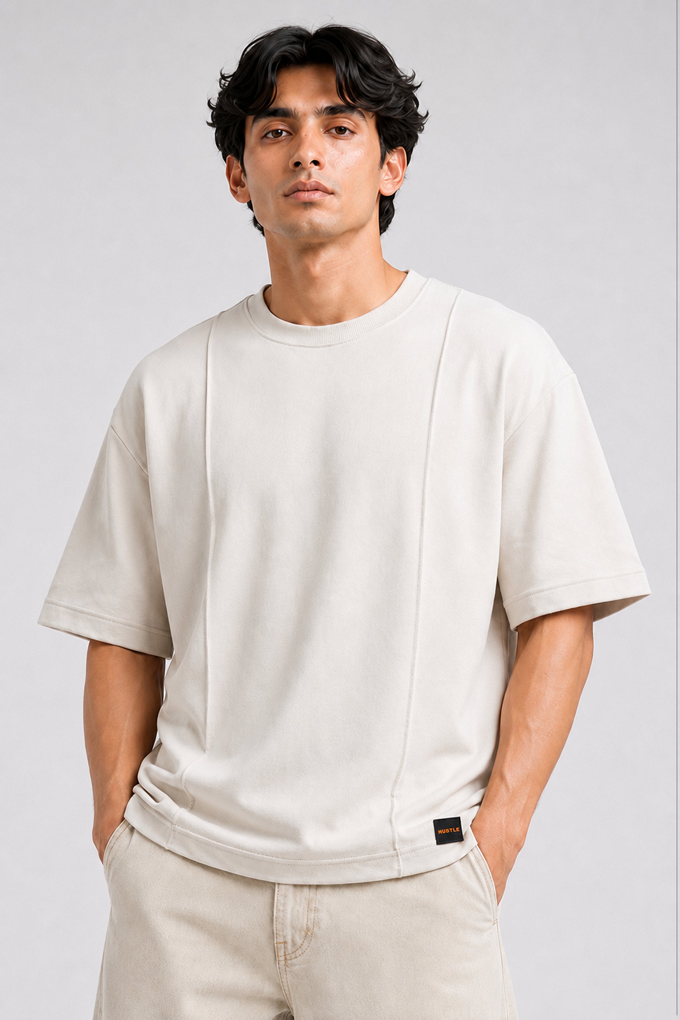 HUSTLE Essentials Men's Crew Neck Oversized Tees - Light Beige