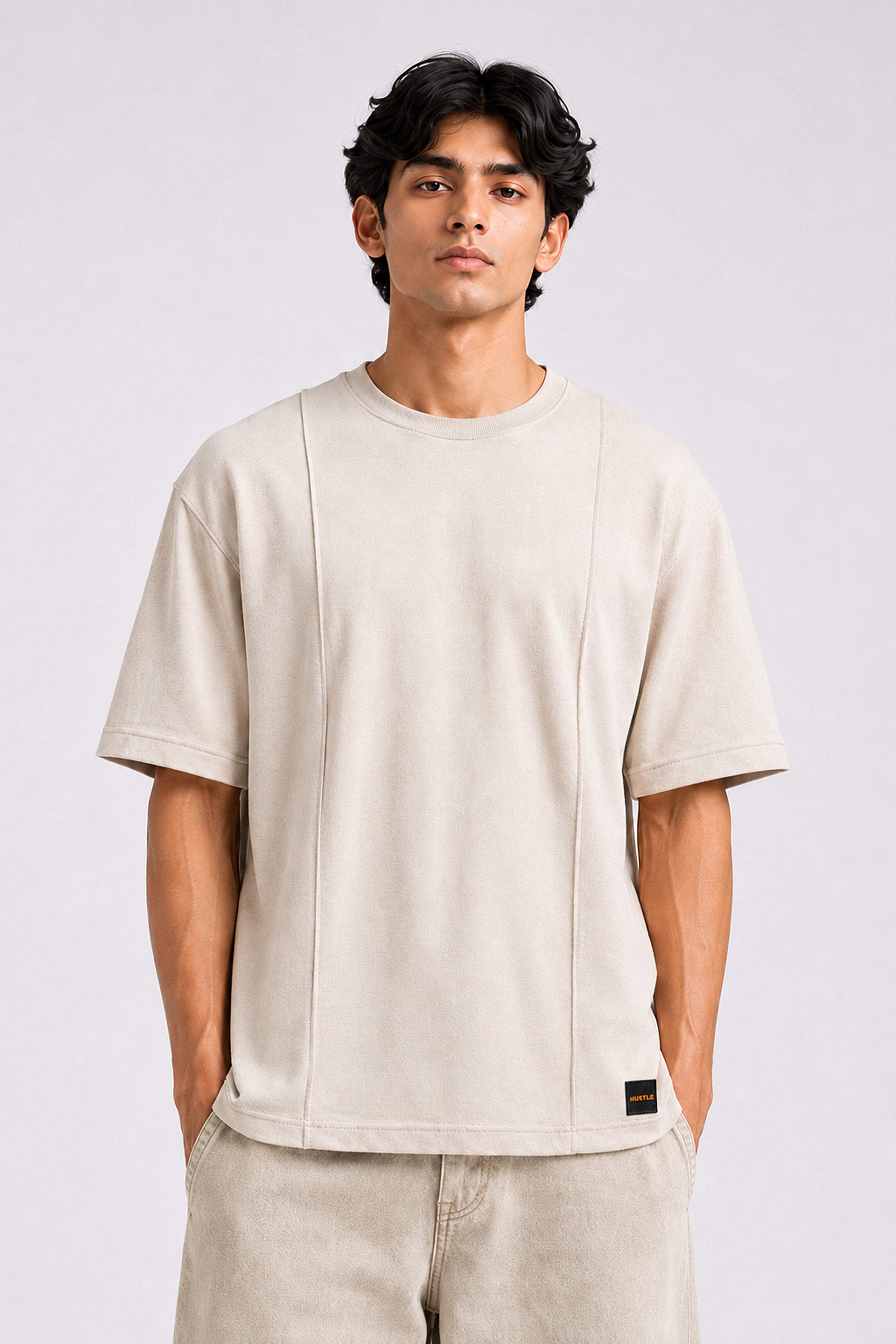 HUSTLE Essentials Men's Crew Neck Oversized Tees - Light Beige