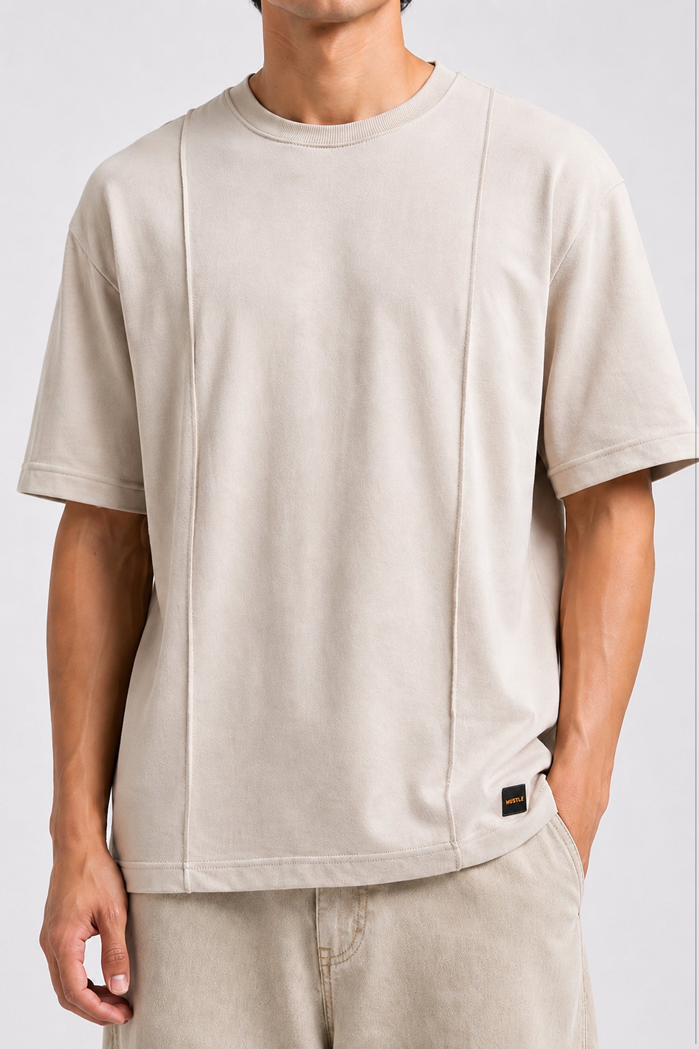 HUSTLE Essentials Men's Crew Neck Oversized Tees - Light Beige
