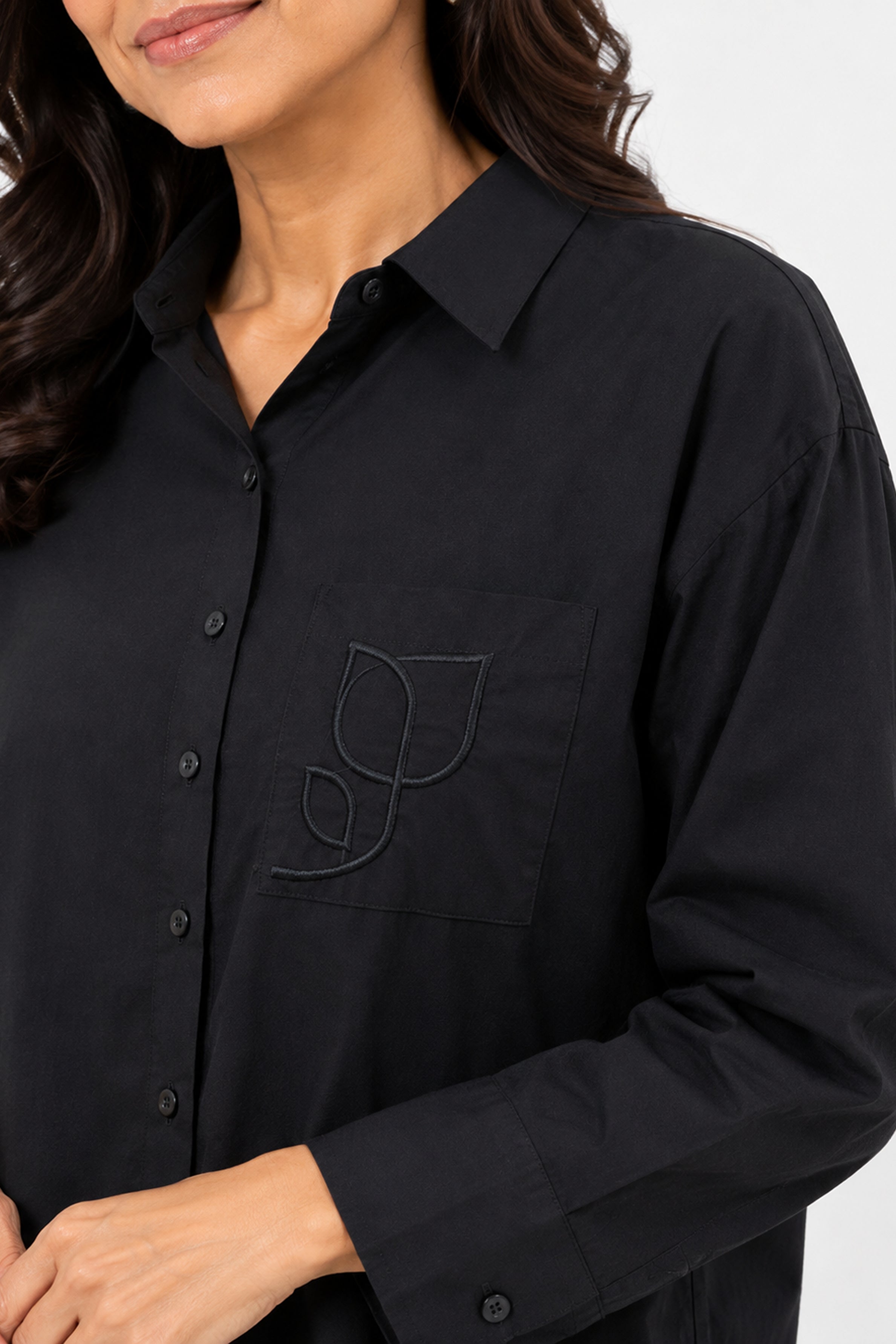 HADA Casual Relaxed Fit Button-Front Blouse - Black