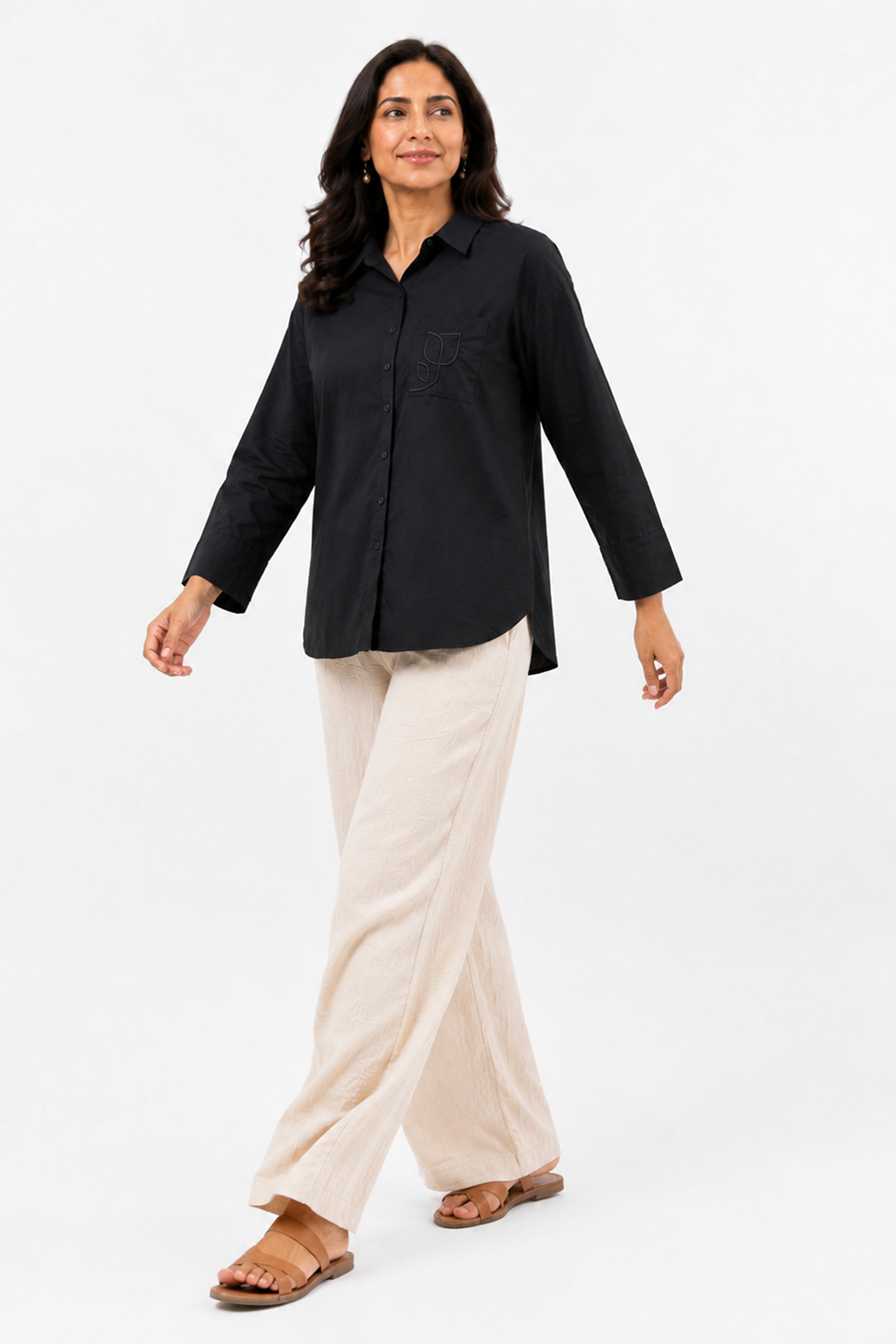 HADA Casual Relaxed Fit Button-Front Blouse - Black