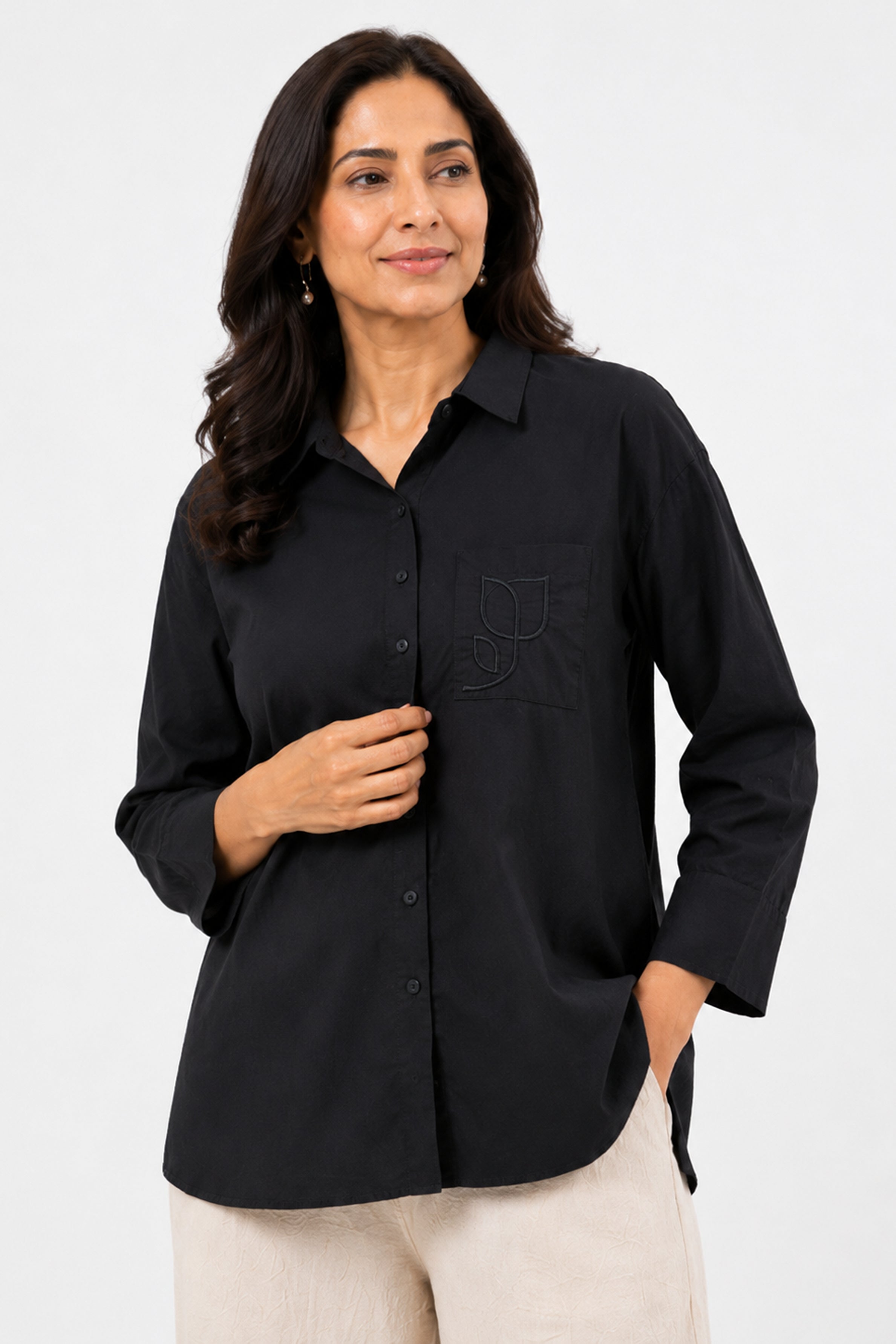 HADA Casual Relaxed Fit Button-Front Blouse - Black