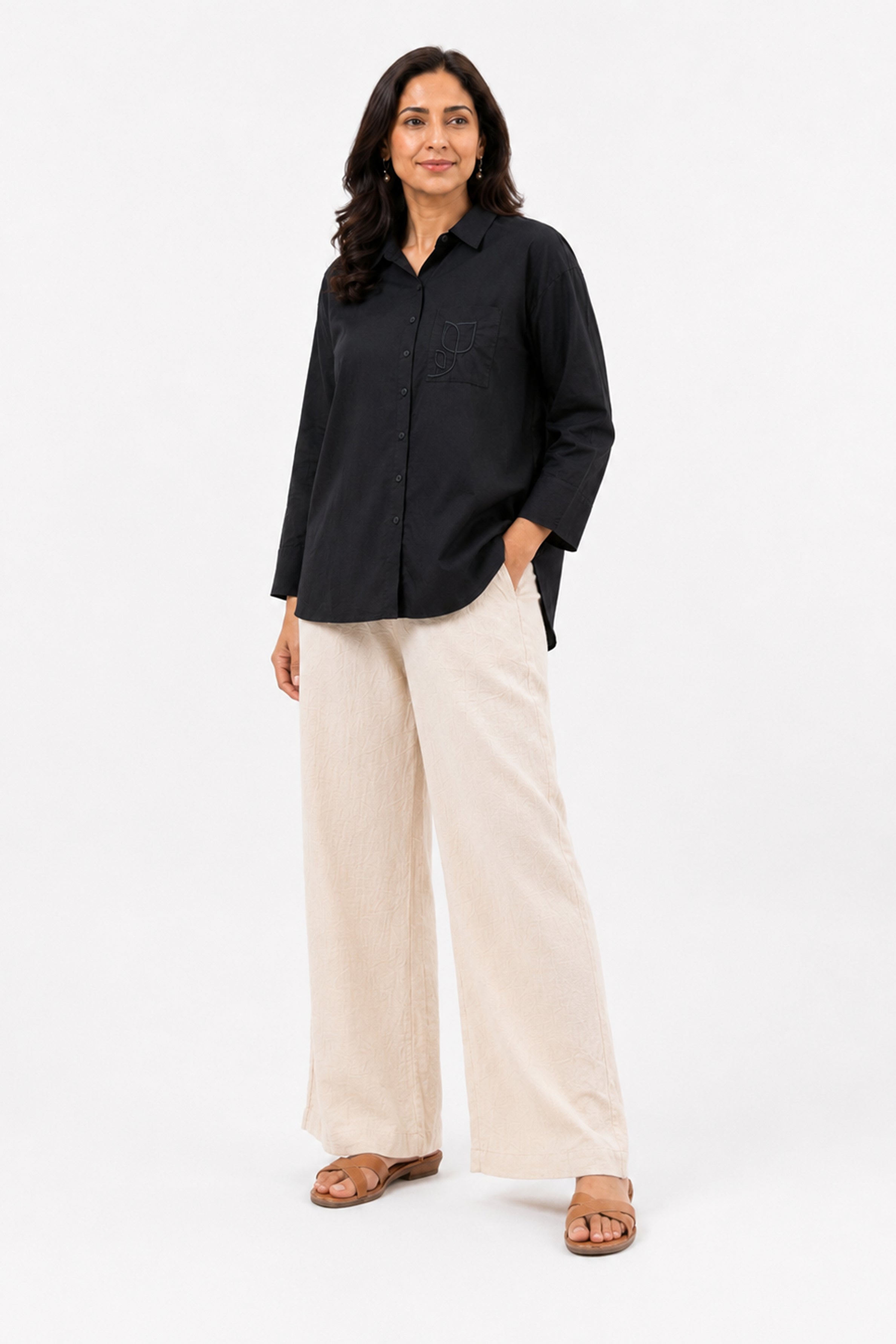 HADA Casual Relaxed Fit Button-Front Blouse - Black