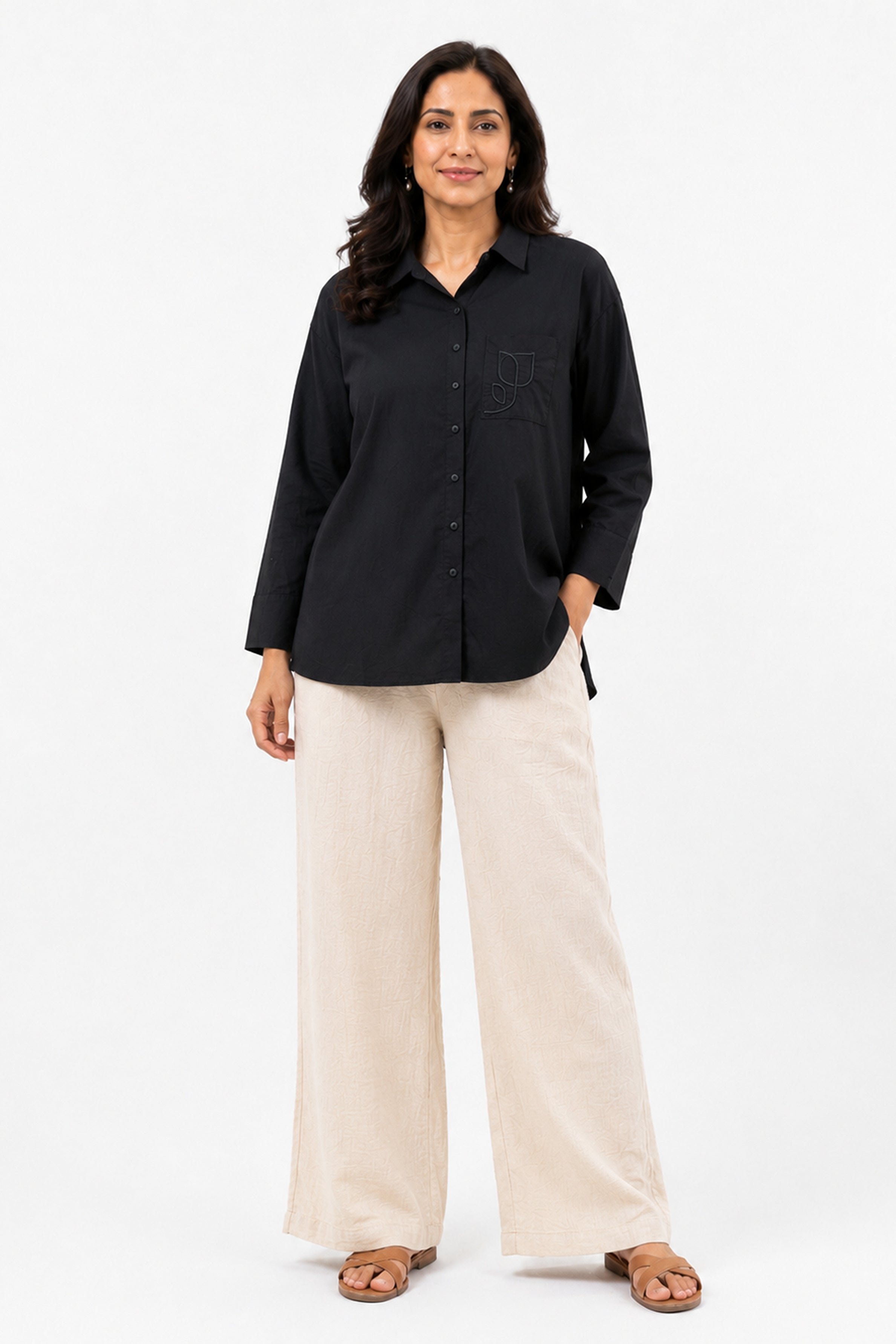 HADA Casual Relaxed Fit Button-Front Blouse - Black
