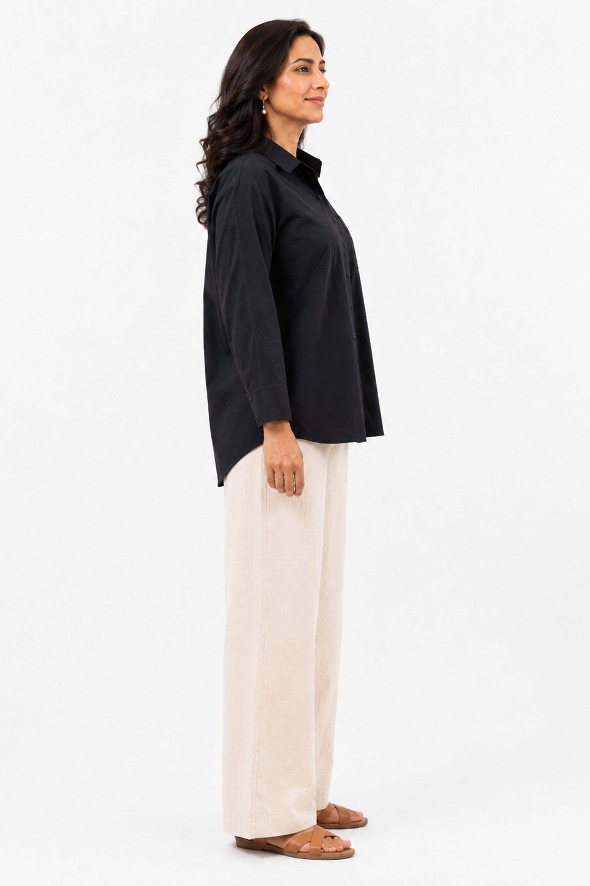 HADA Casual Relaxed Fit Button-Front Blouse - Black
