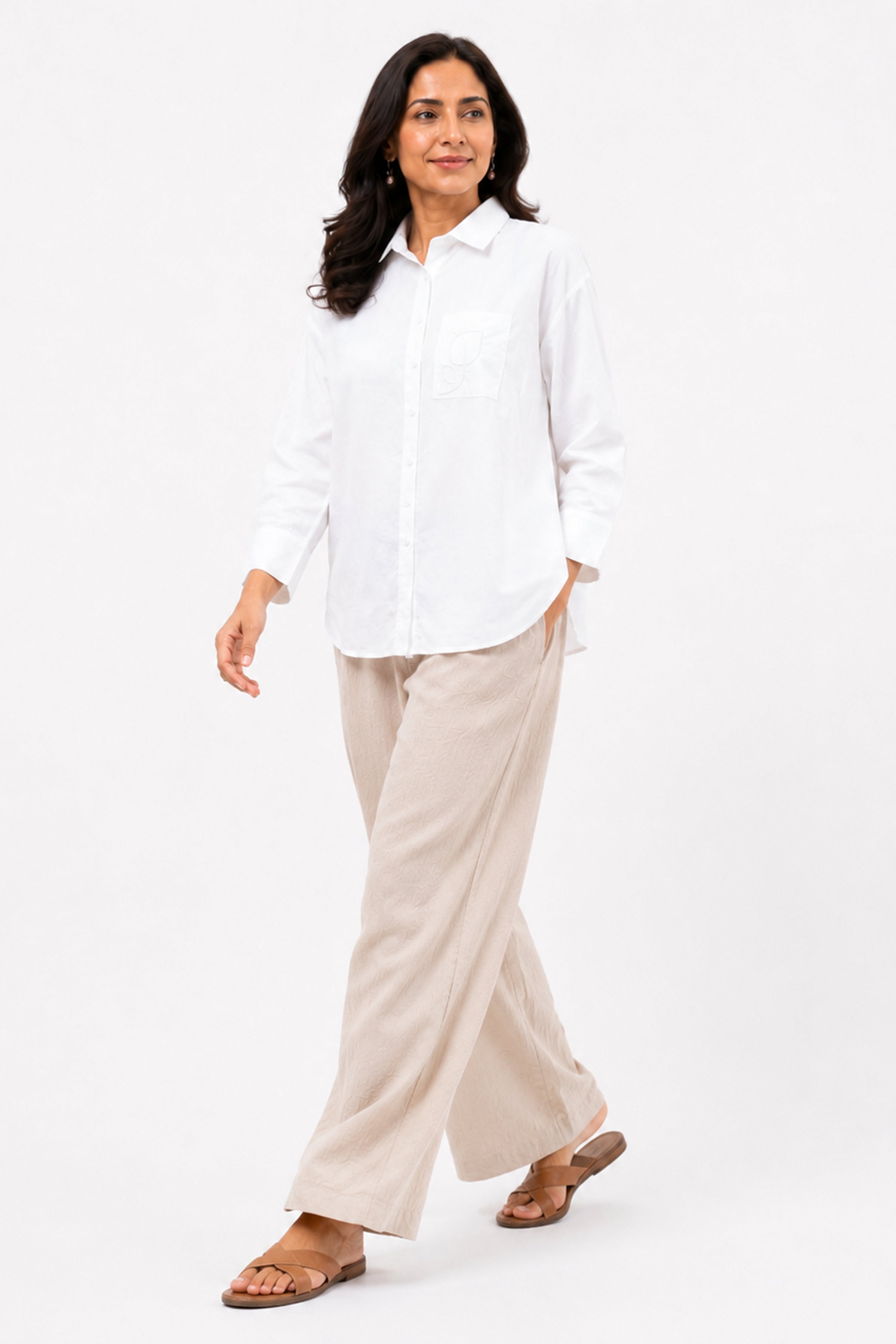 HADA Casual Relaxed Fit Button-Front Blouse - White